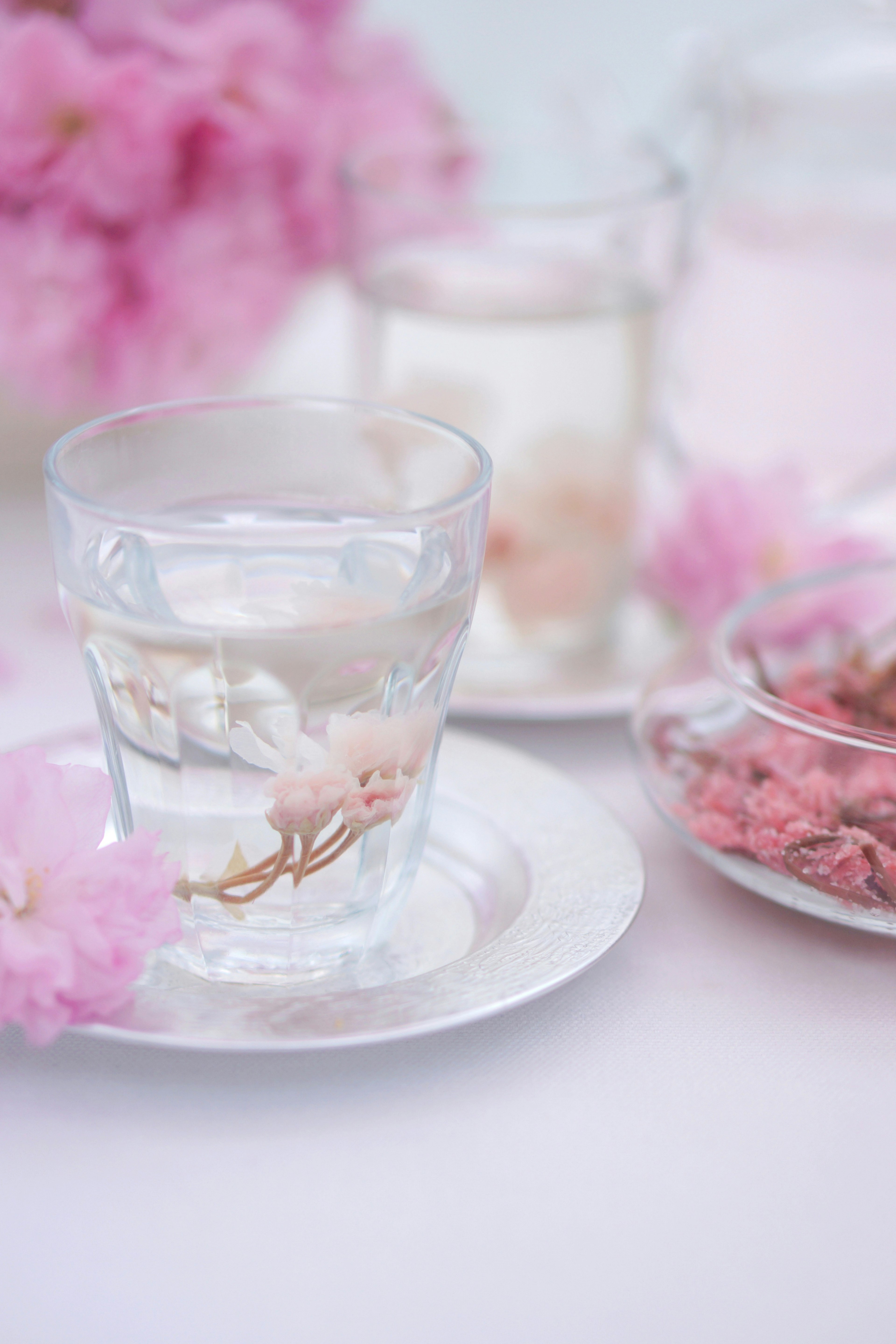 Un vaso transparente con pétalos de cerezo flotando en una bebida acompañado de flores rosas