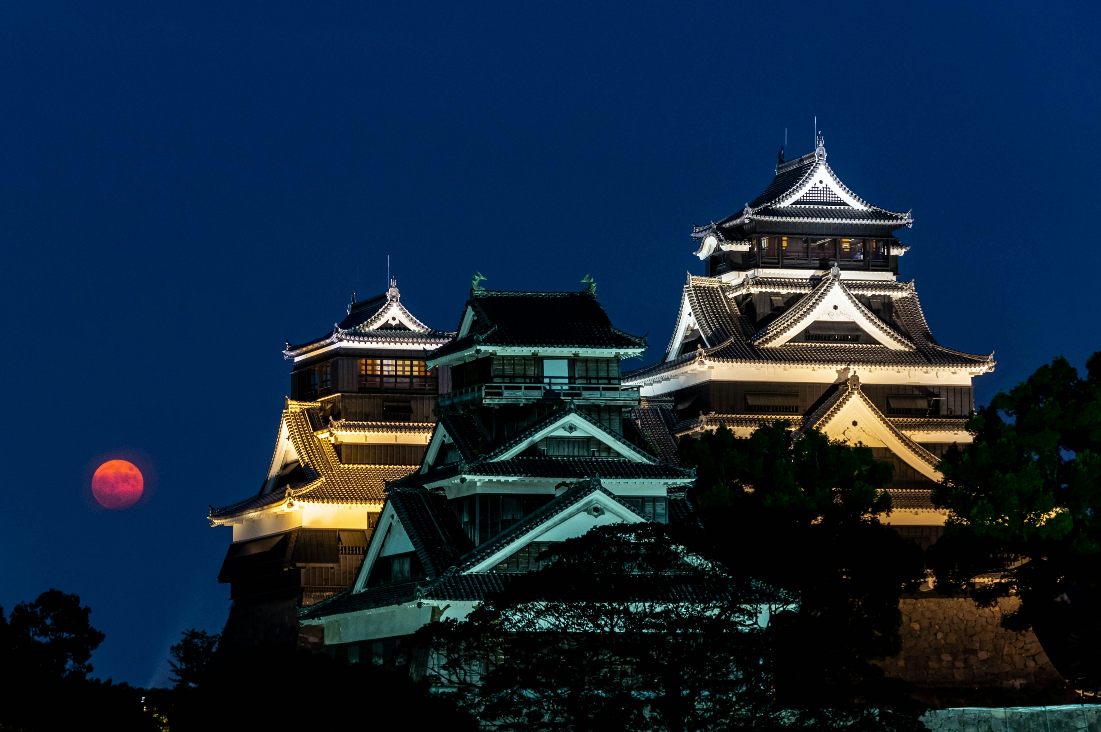 Silhouette di un bellissimo castello contro il cielo notturno con una luna luminosa