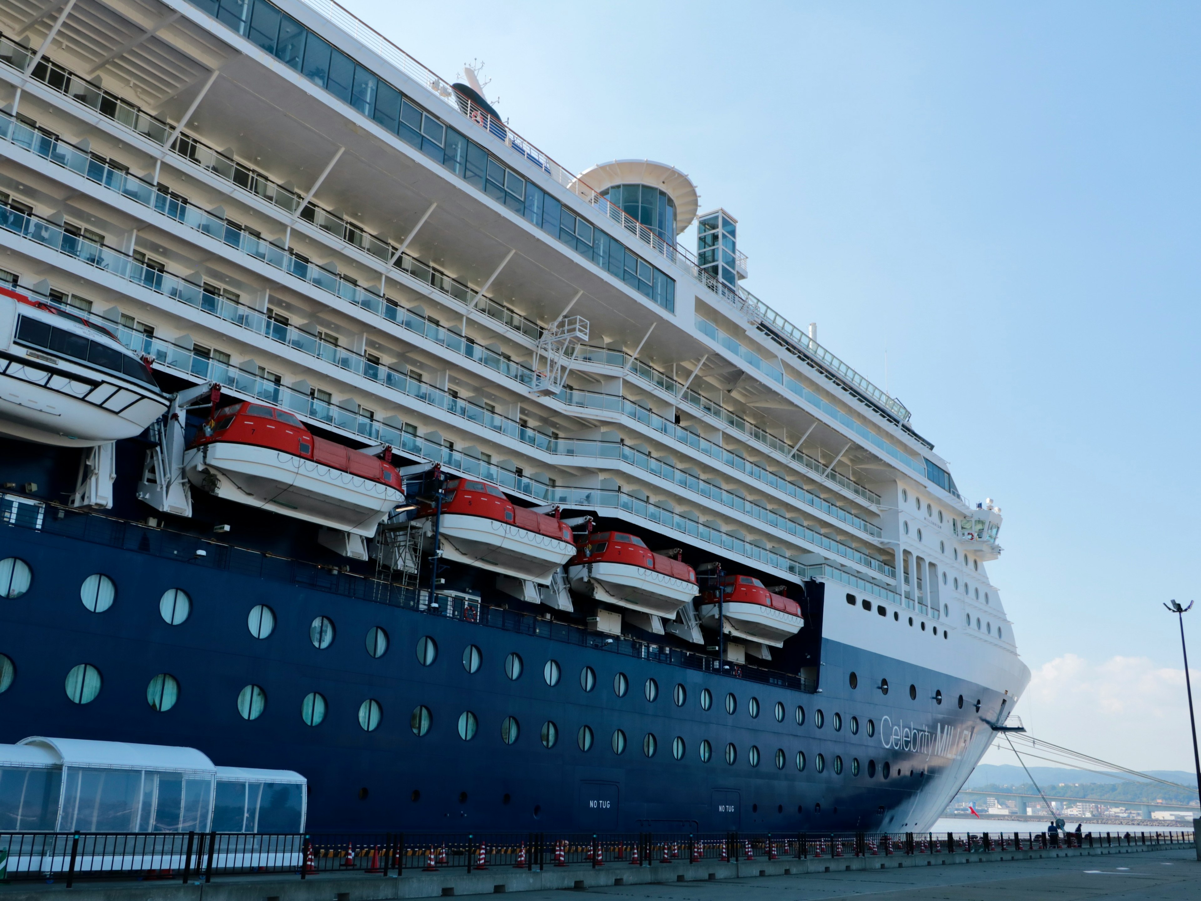 Large cruise ship docked under a clear blue sky