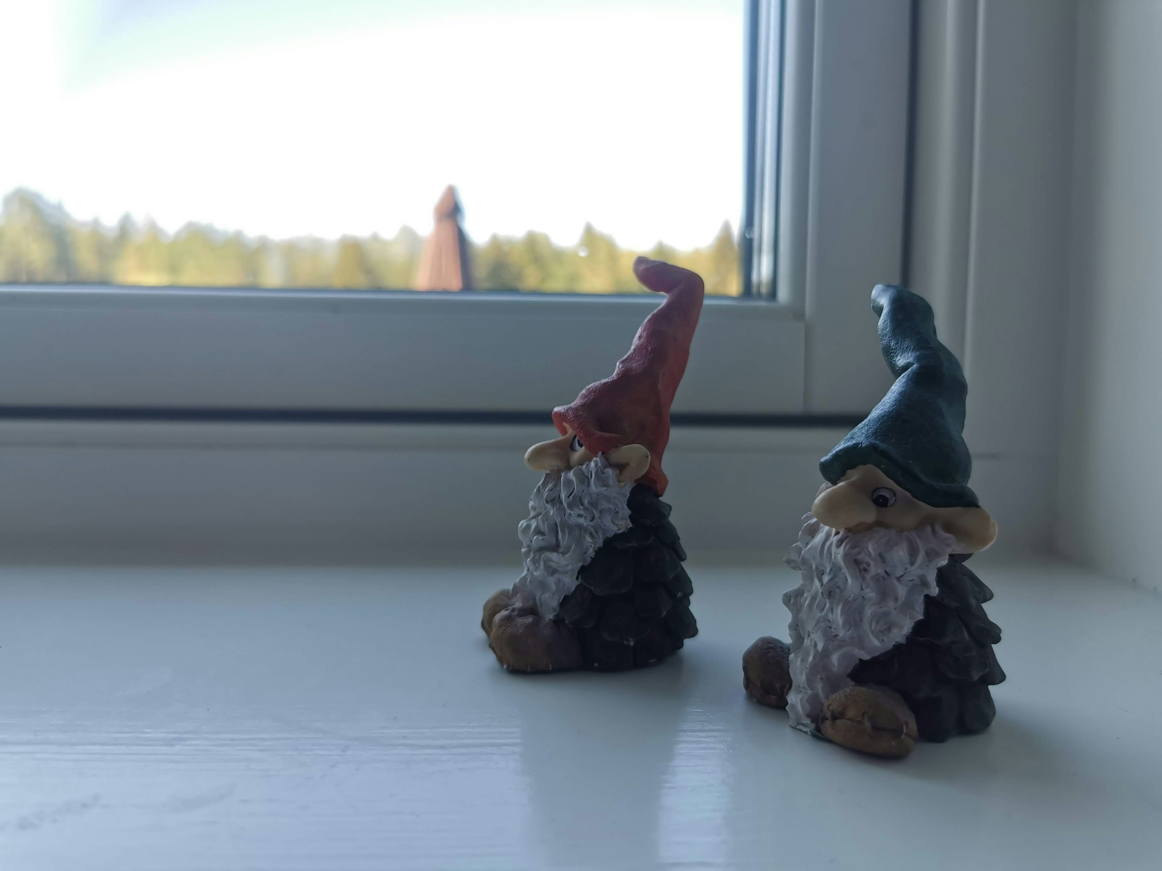 Two small garden gnomes sitting by a window wearing red and blue hats