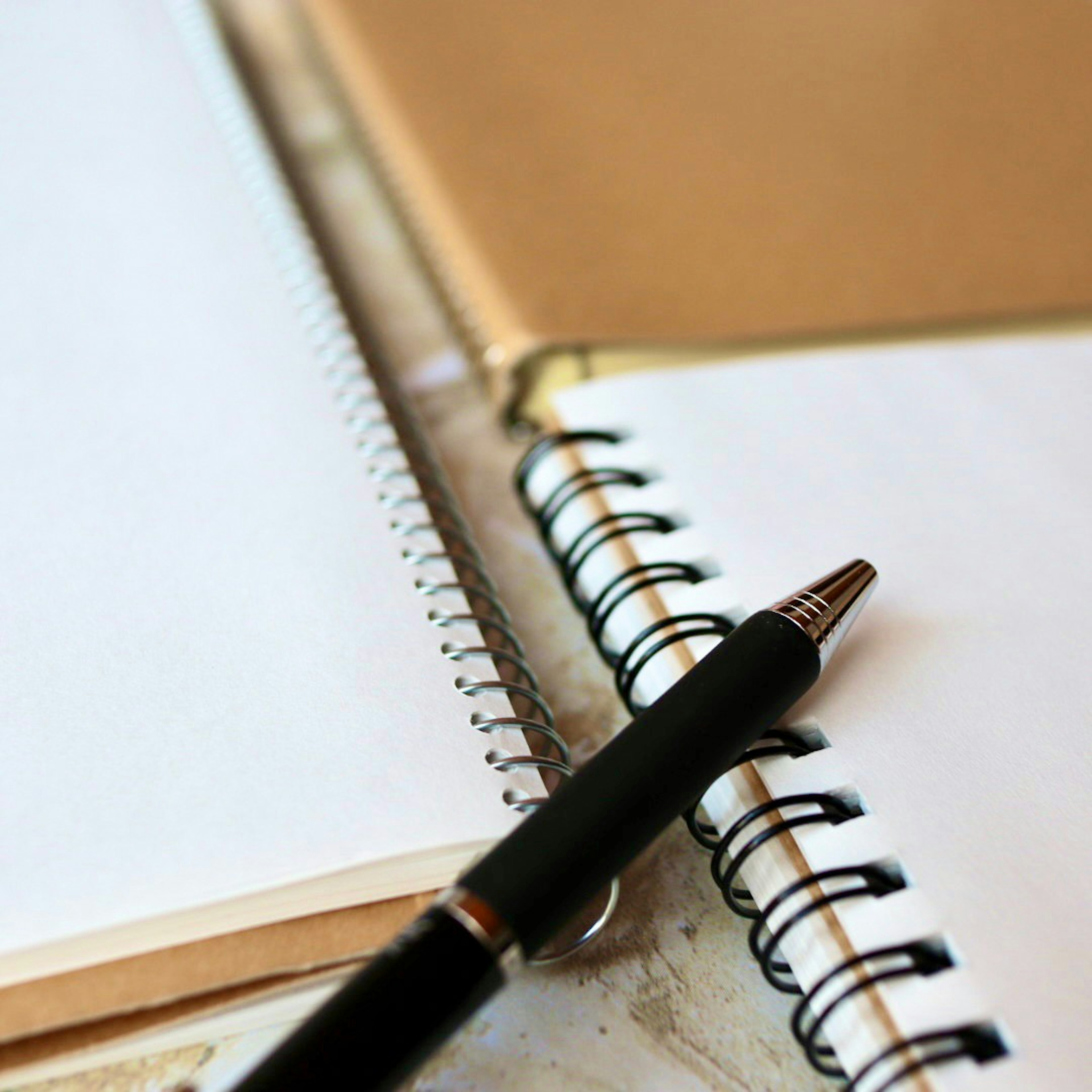 Black pen resting on a spiral notebook with blank pages