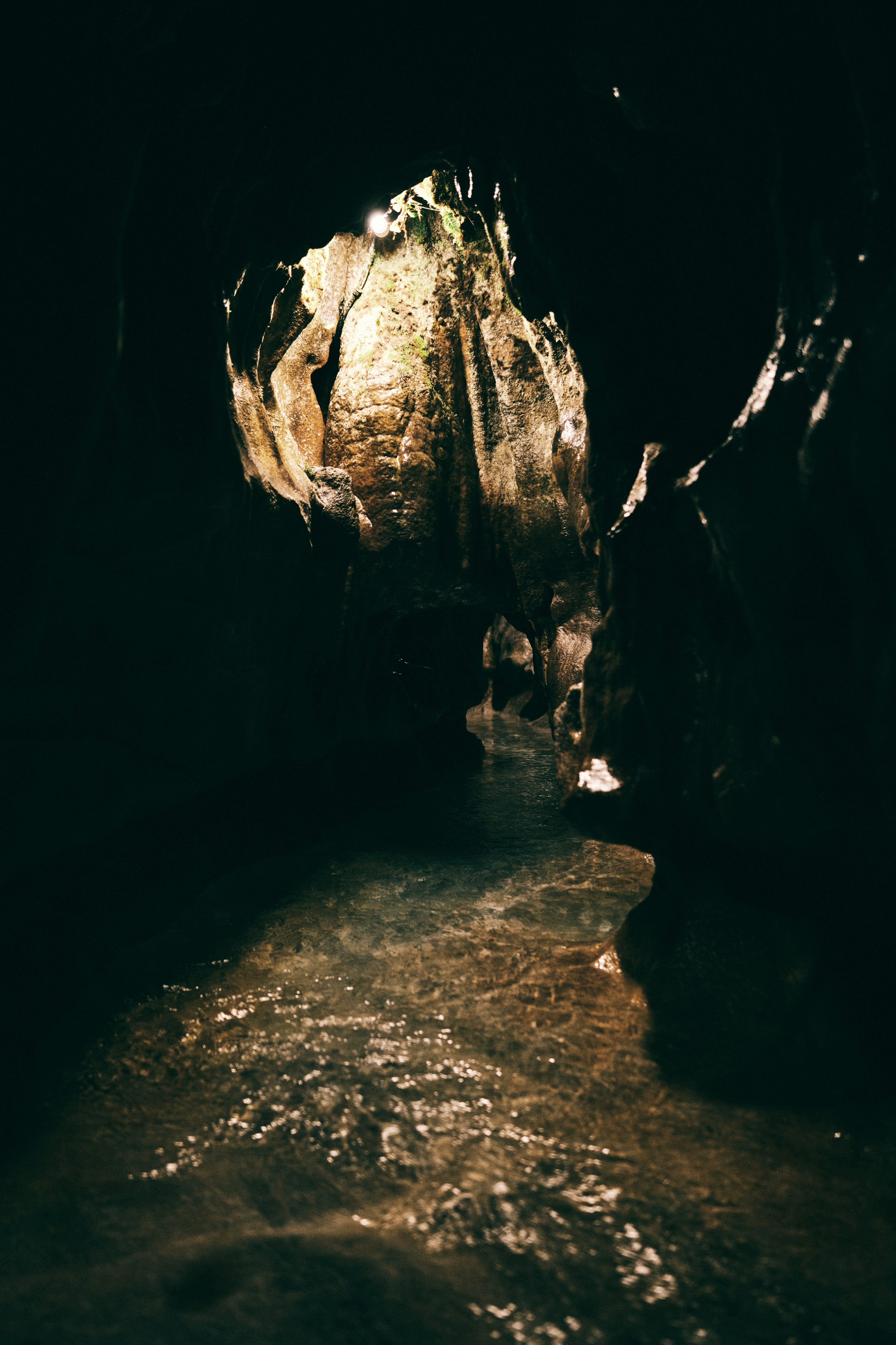 A dark cave with flowing water and rock formations