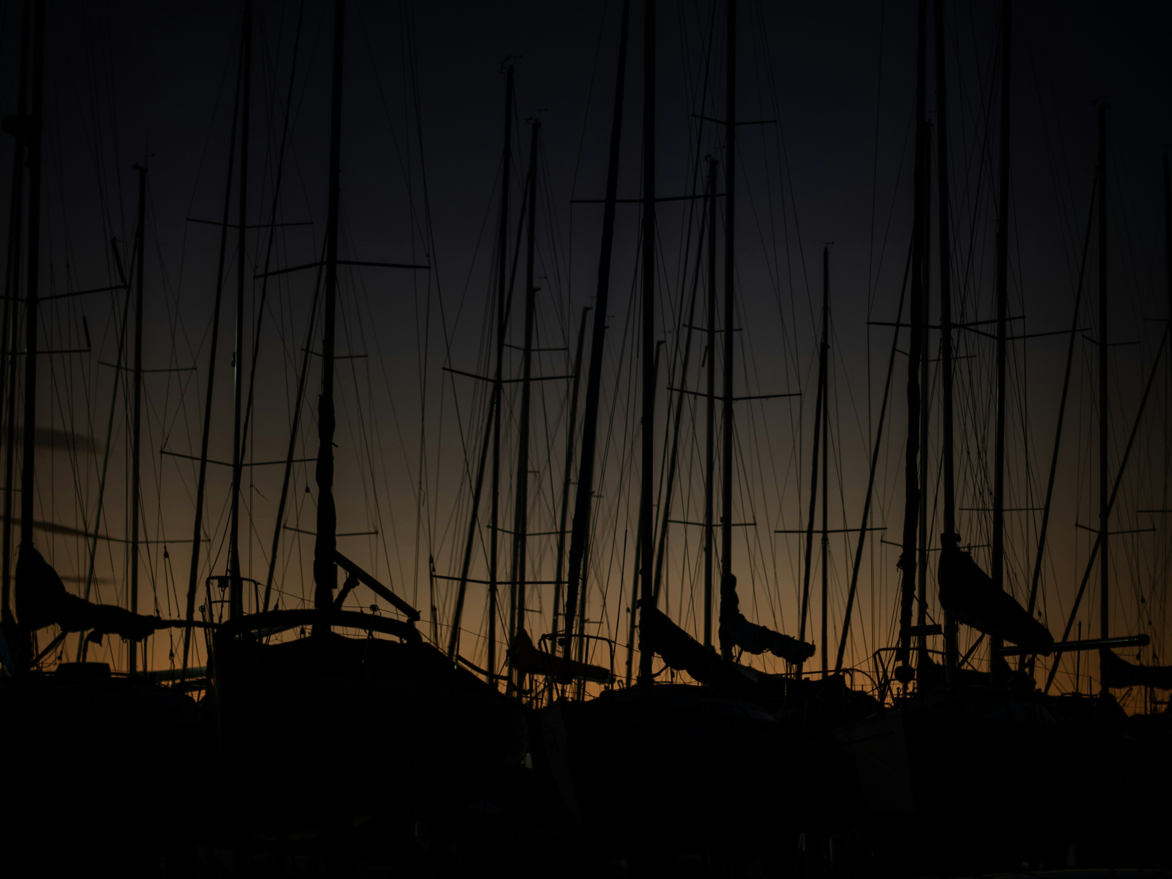 Silhouette of boats and masts at twilight