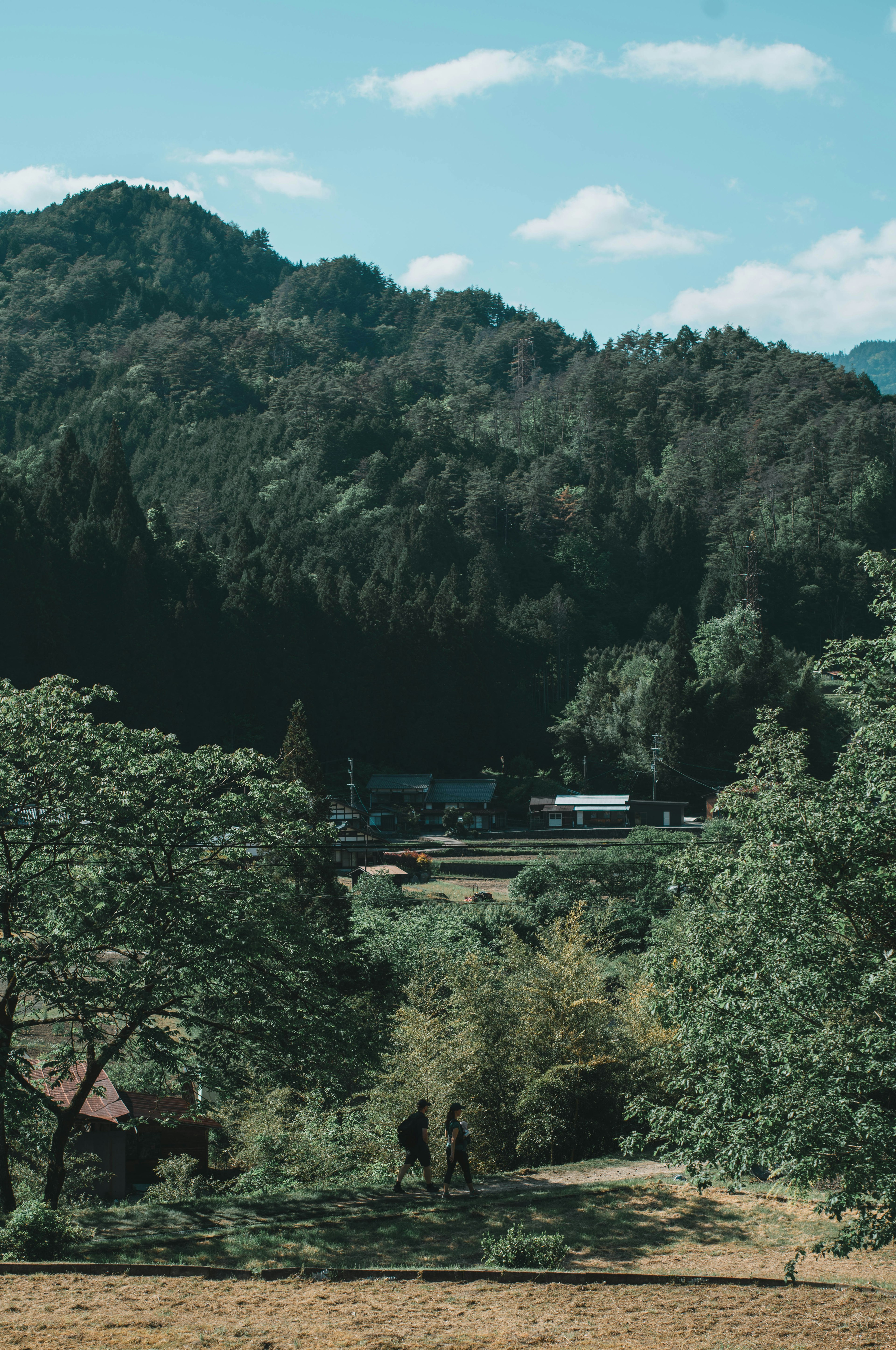 Menschen, die vor einer Kulisse aus üppigen Bergen und ländlicher Landschaft gehen