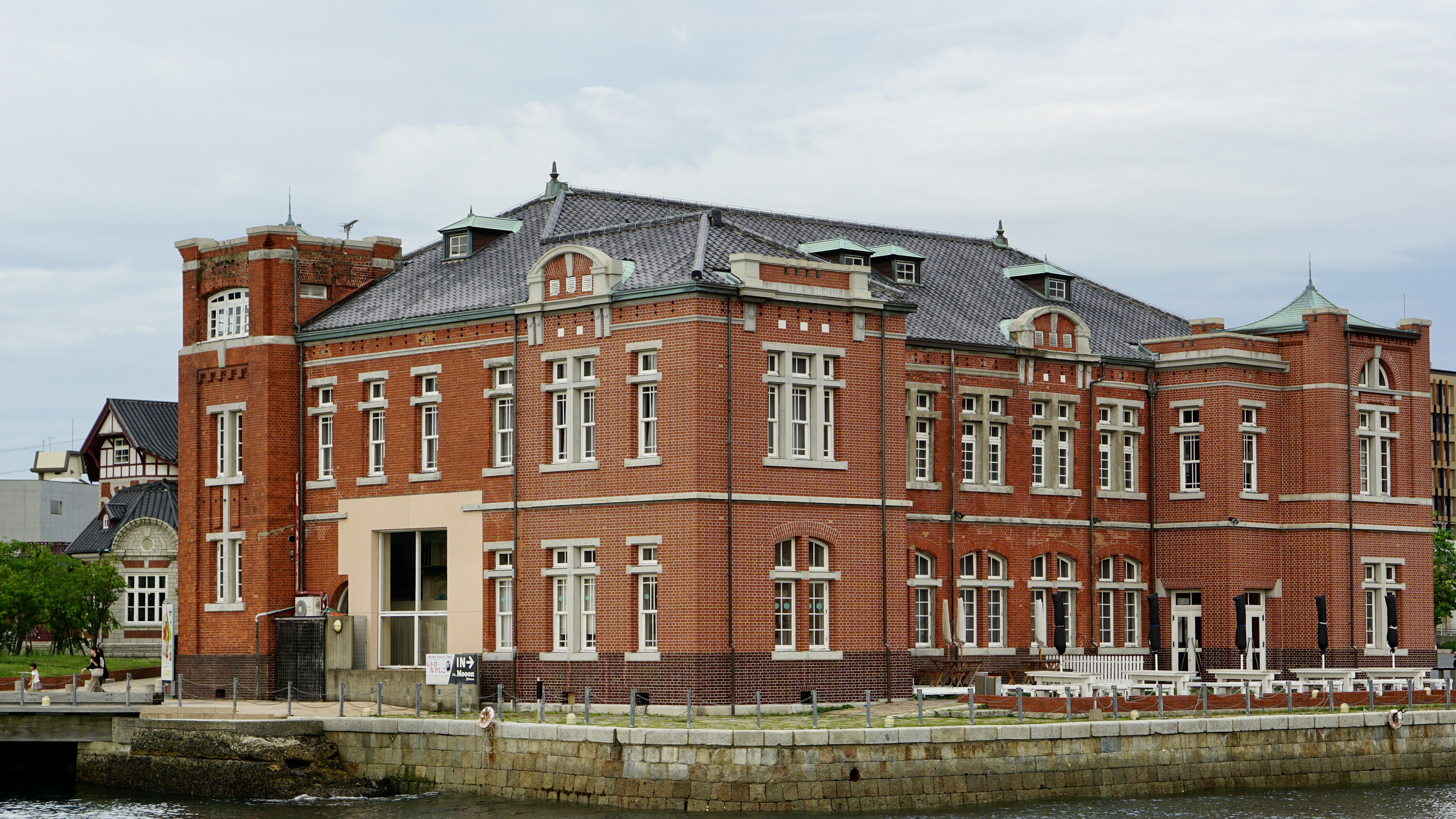 Historic red brick building by the waterfront