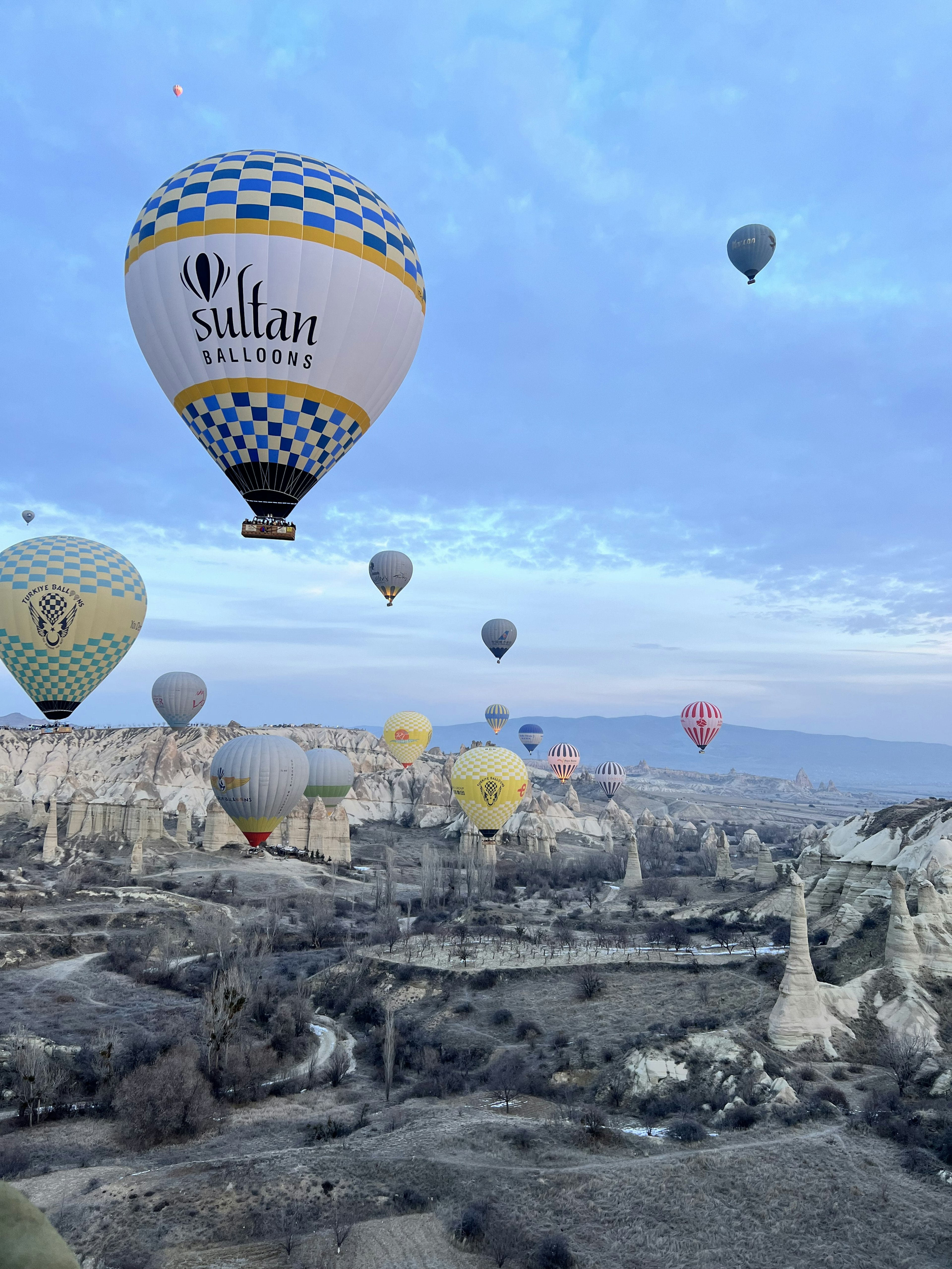 Globos aerostáticos coloridos sobre las formaciones rocosas únicas de Capadocia