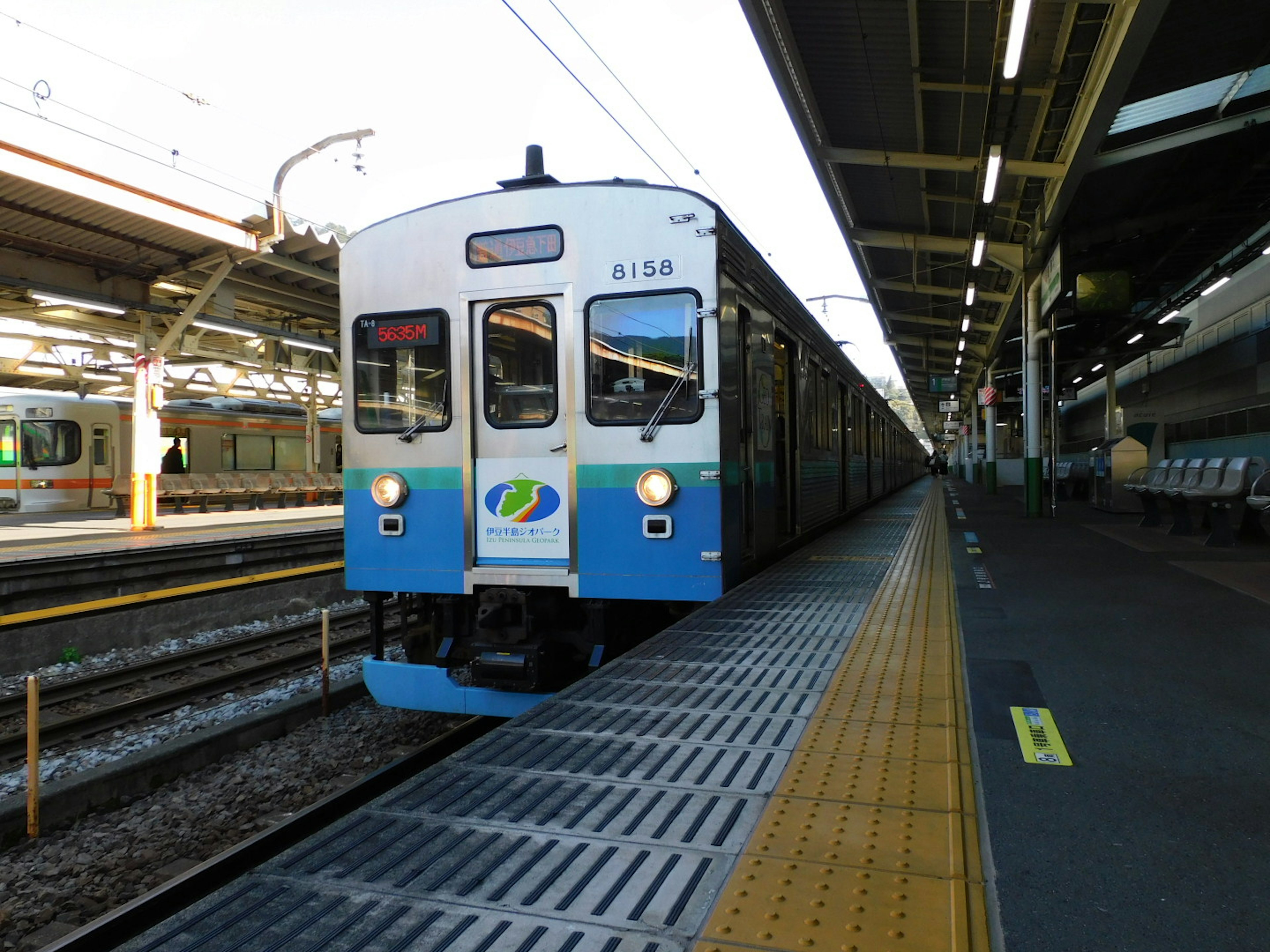 Blauer und weißer Zug am Bahnhof