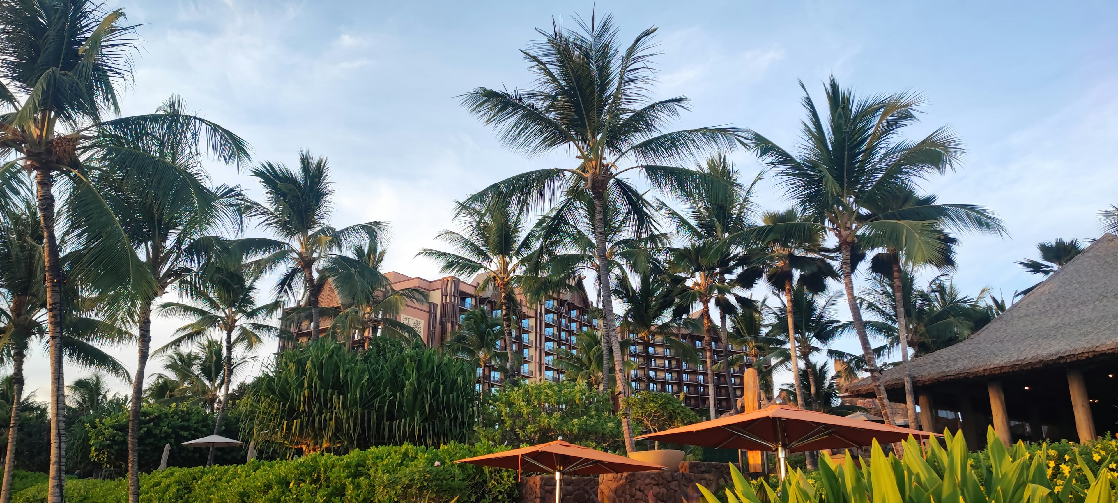 Tropische Landschaft mit Palmen und einem Resort-Hotel