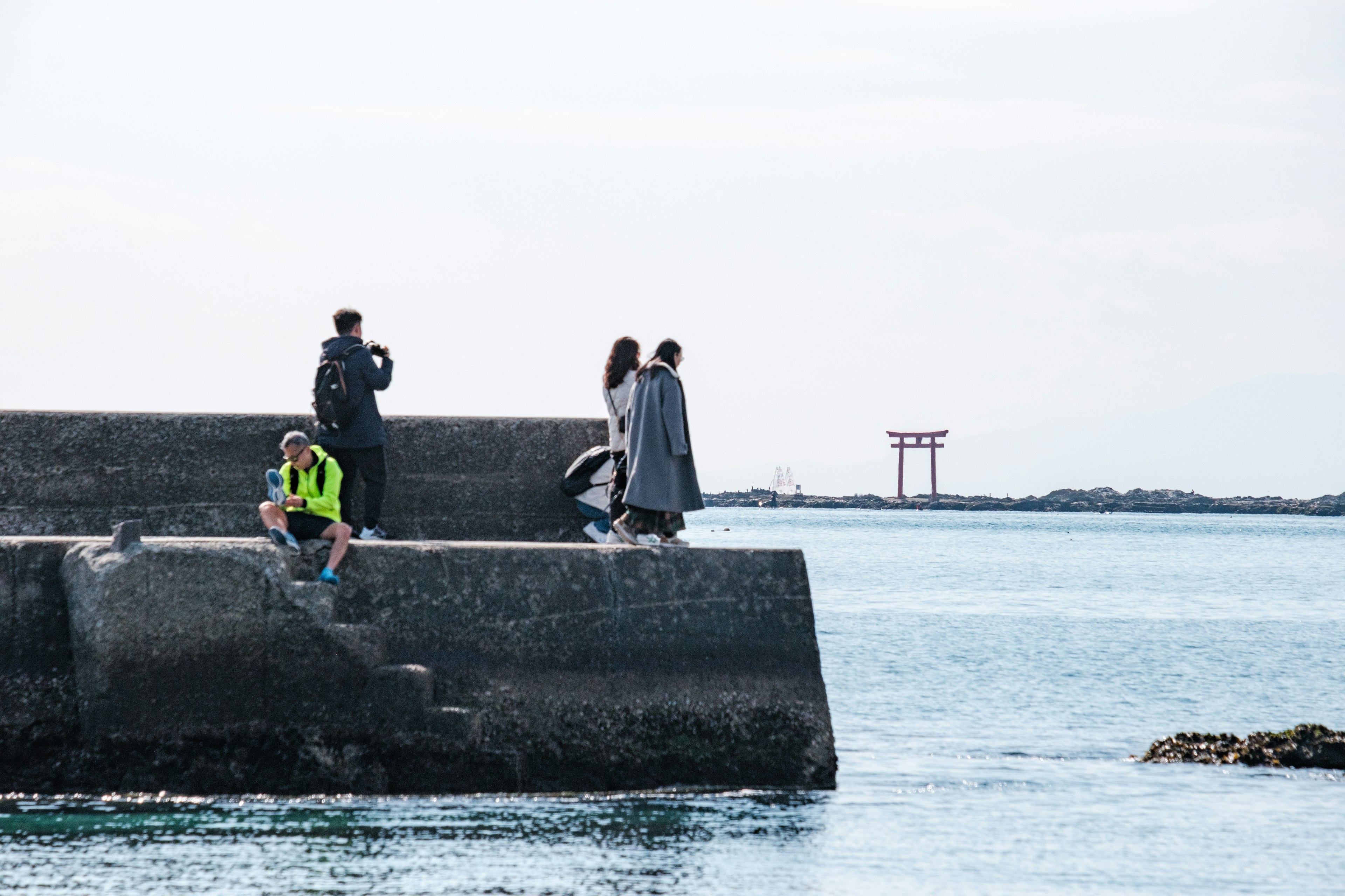 Des gens debout au bord de la mer avec un torii en arrière-plan