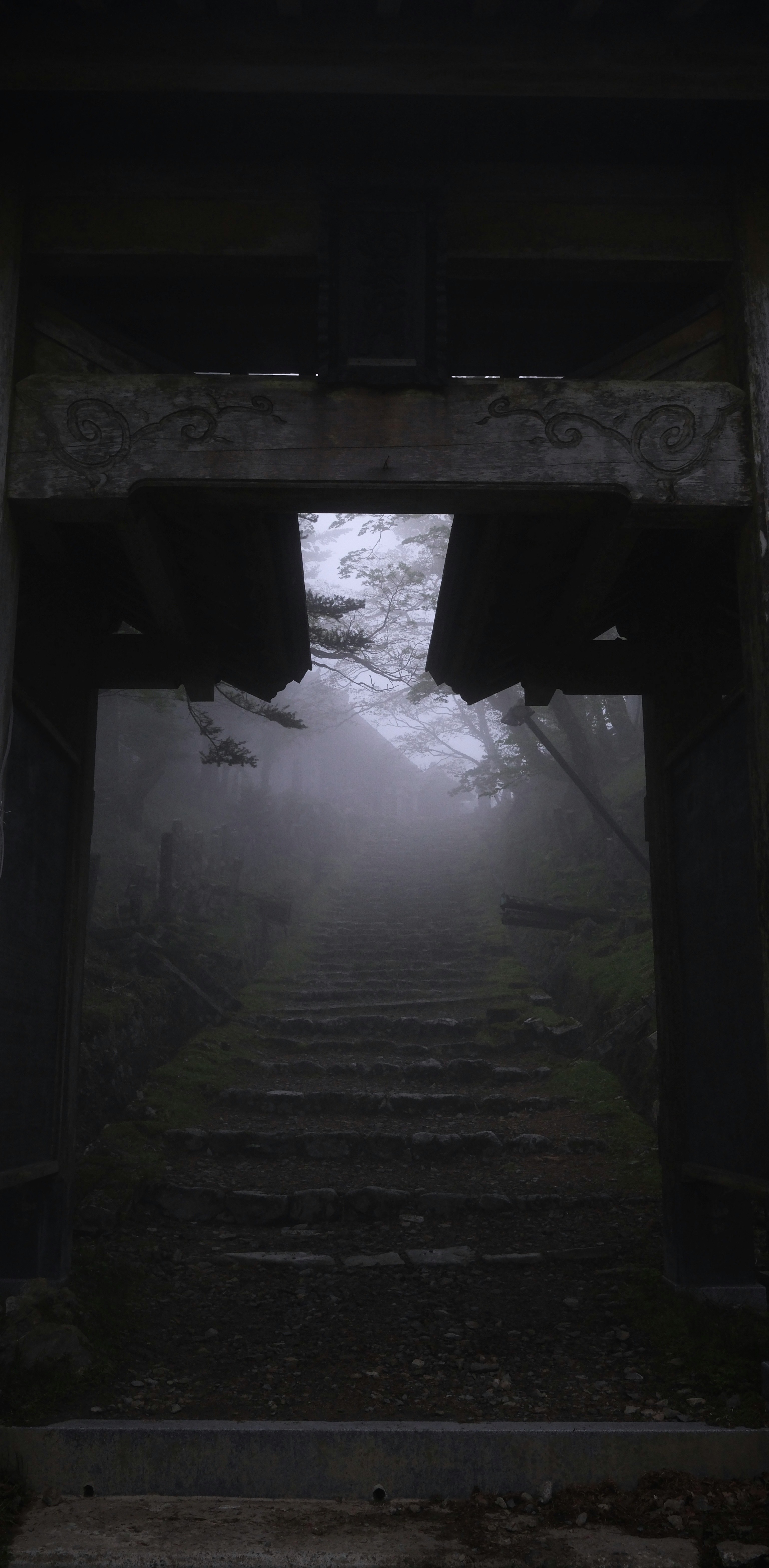 Escalier brumeux menant à une voûte sombre
