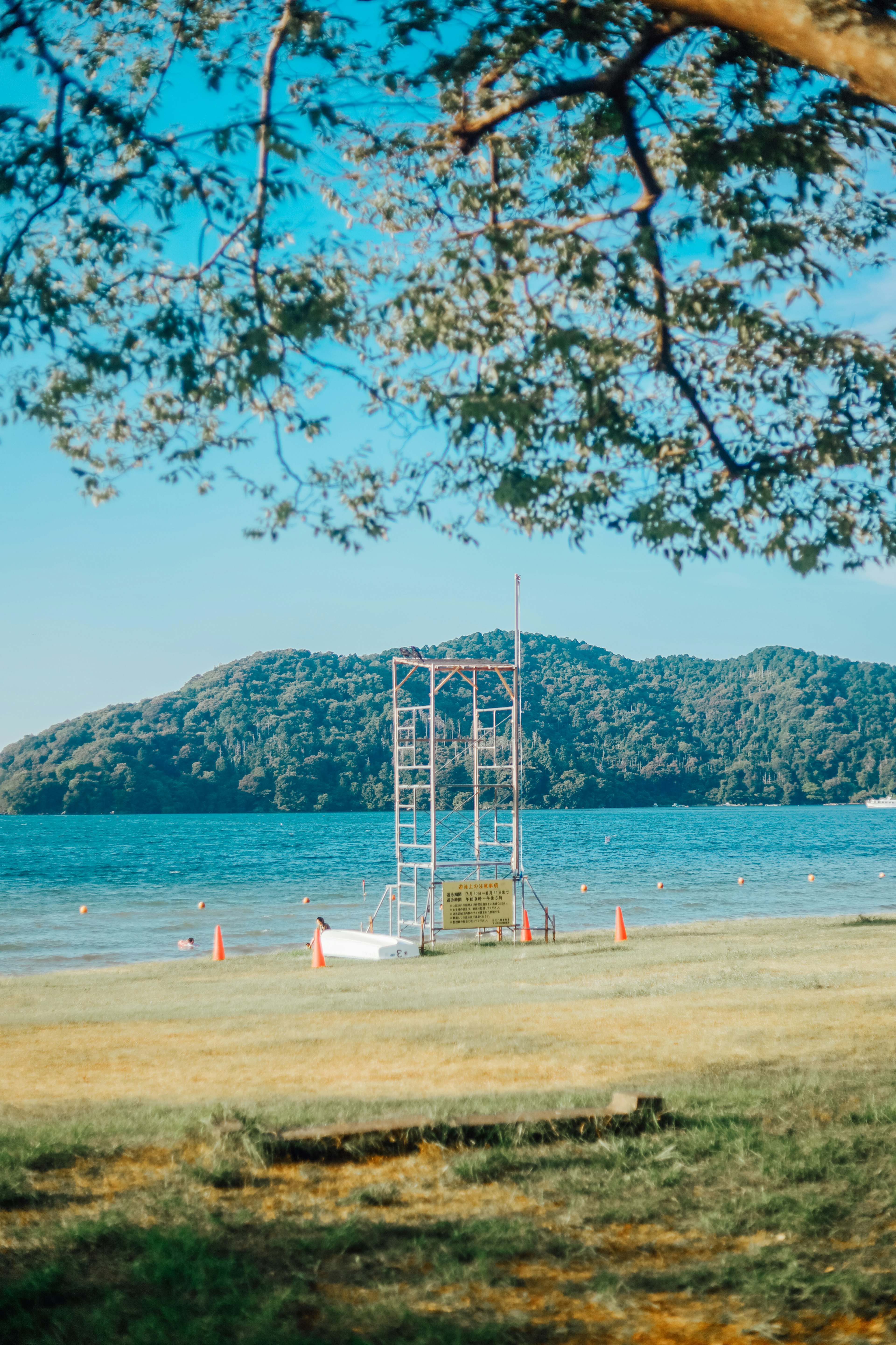 Scène de plage avec de l'eau bleue et des montagnes en arrière-plan, branches d'arbres au premier plan, avec un bateau blanc et une structure sur le rivage