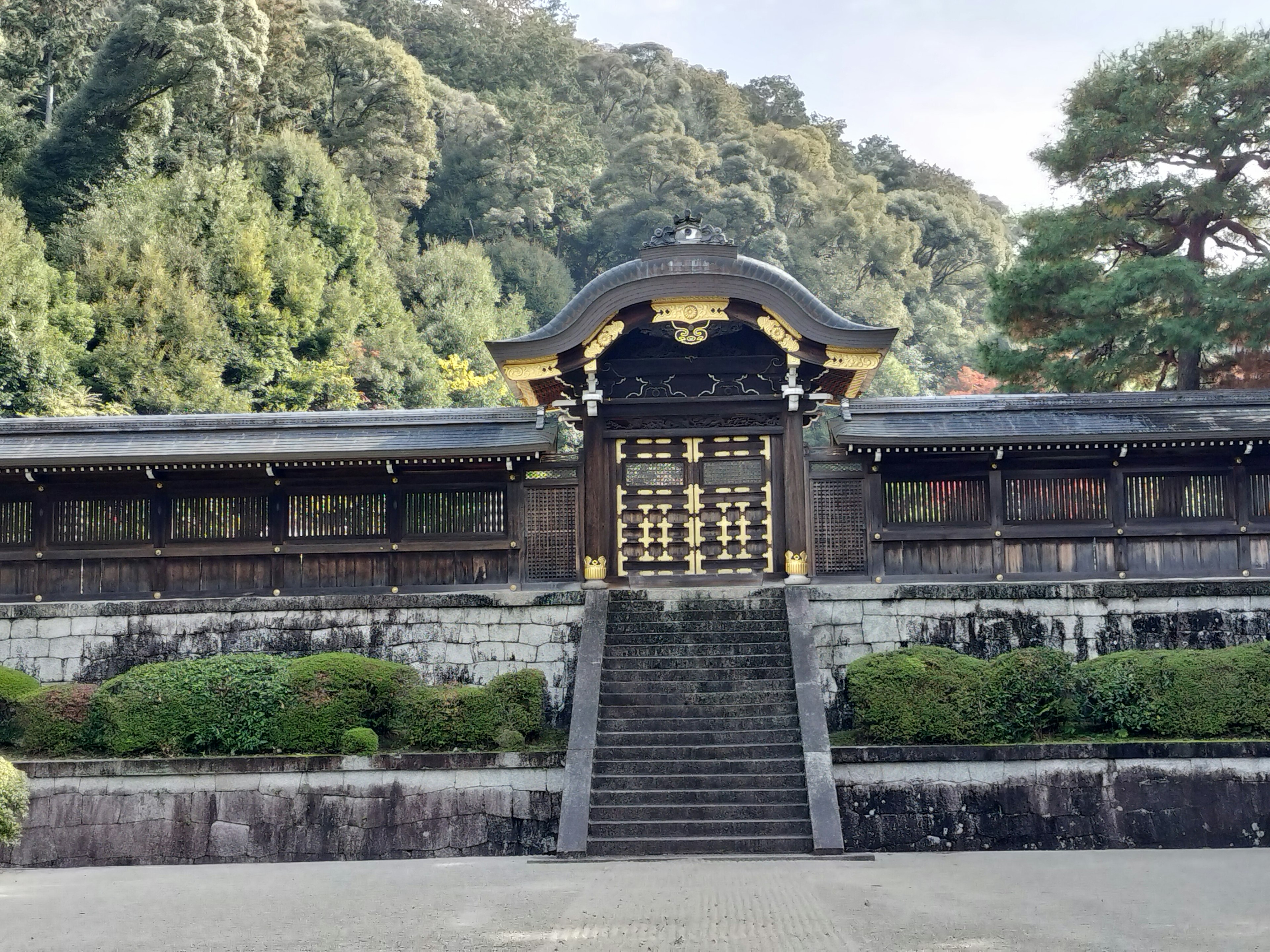 美しい寺院の入り口が見える緑豊かな風景