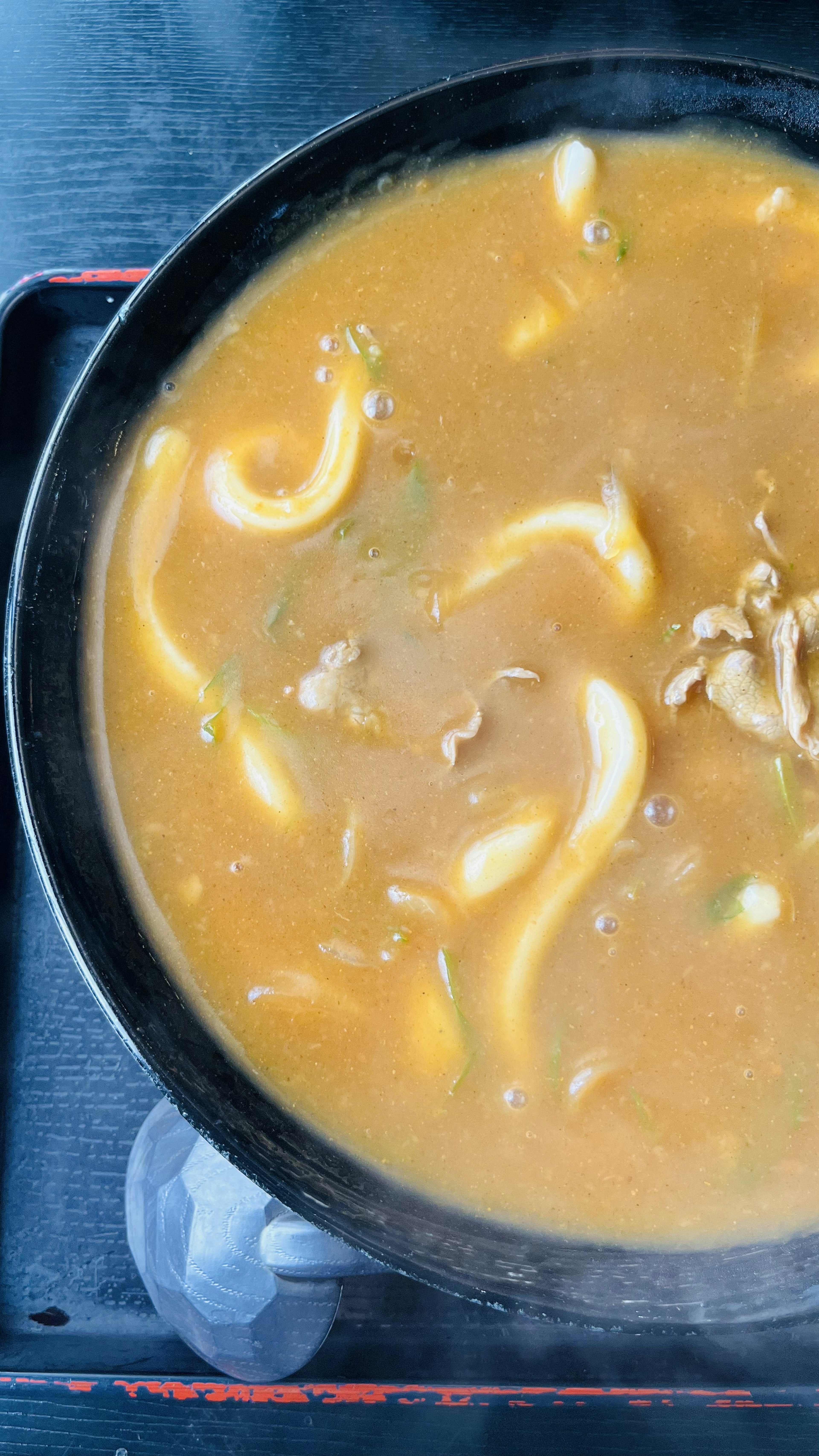 熱々のスープにうどんと野菜が入った鍋料理