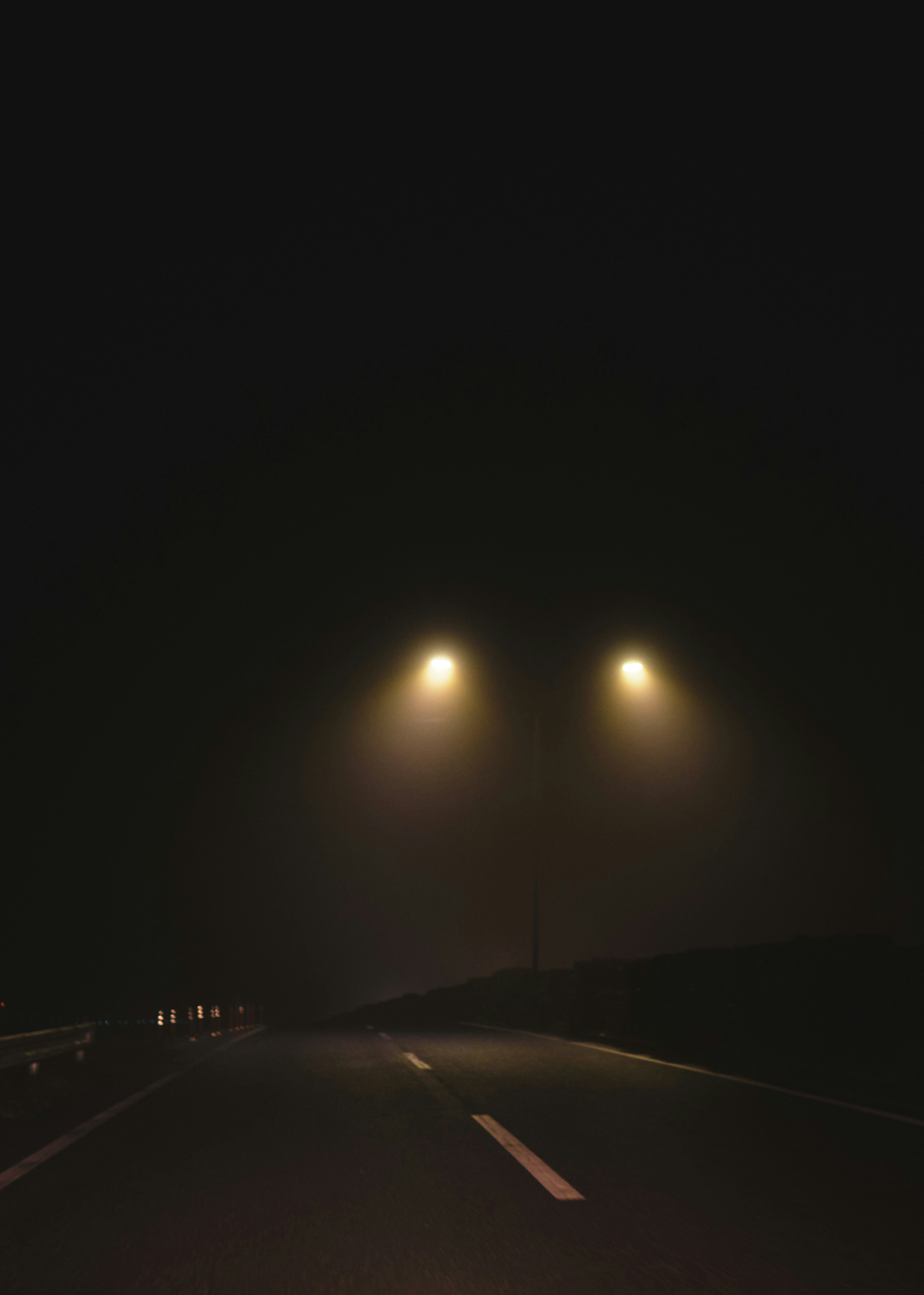 Camino oscuro iluminado por farolas en la niebla