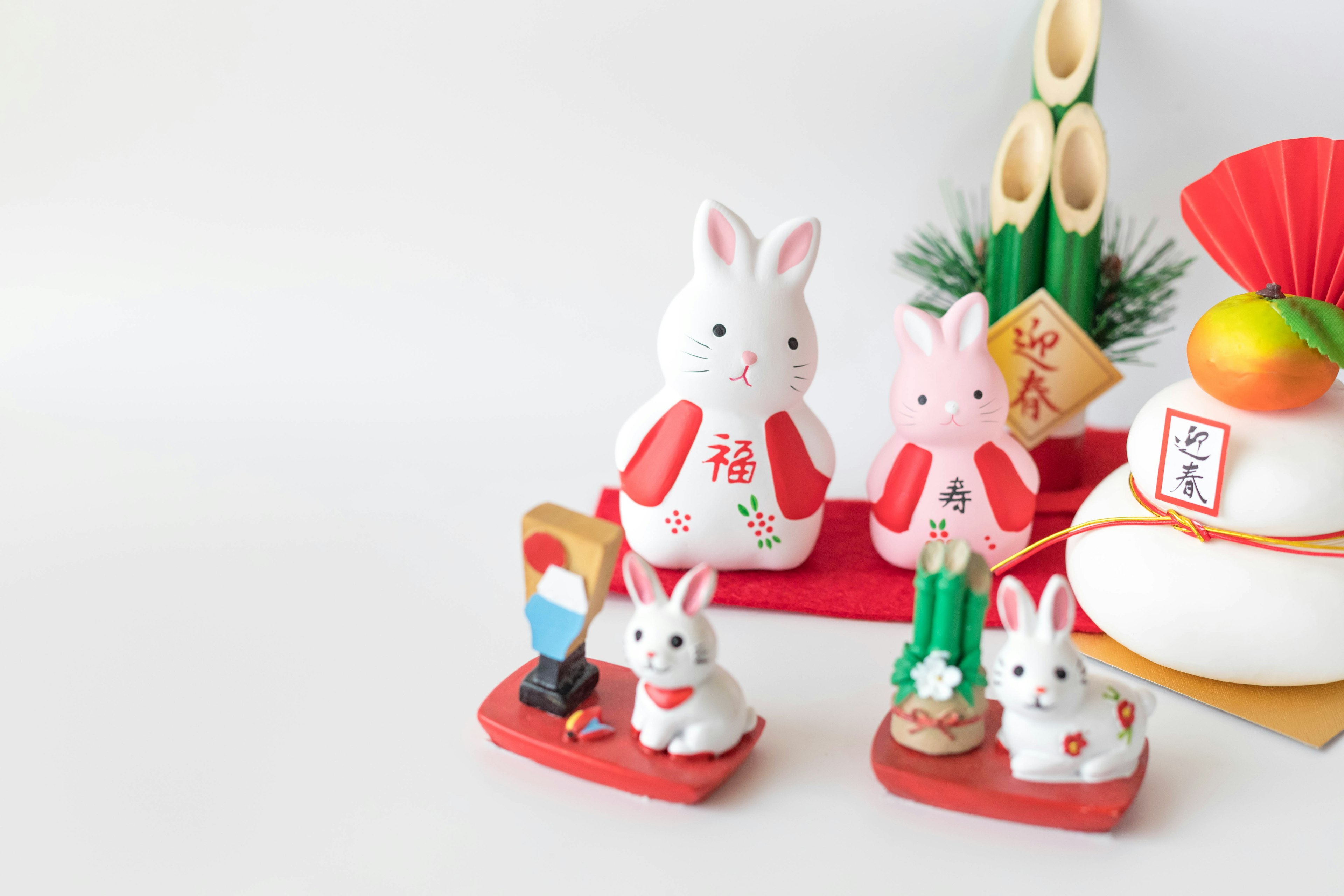 Cute rabbit figurines and New Year decorations set