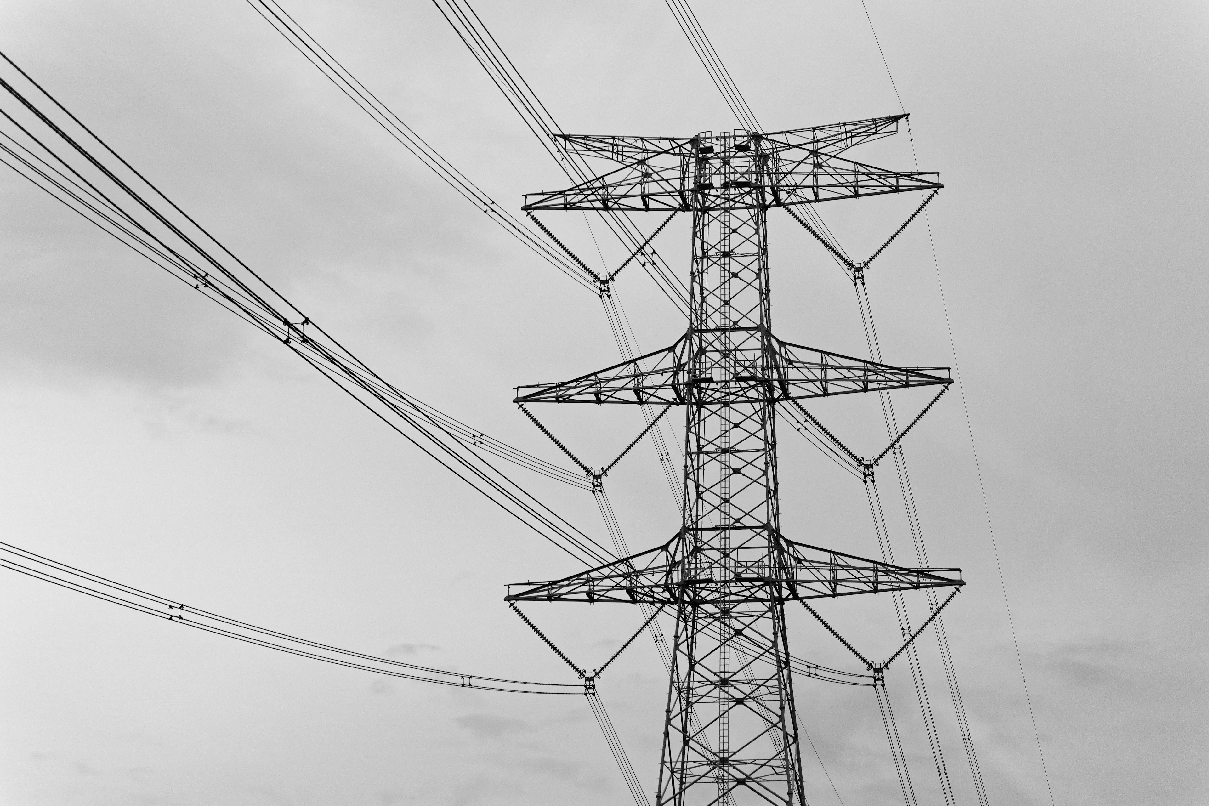 Imagen en blanco y negro de una torre de alta tensión y líneas eléctricas circundantes