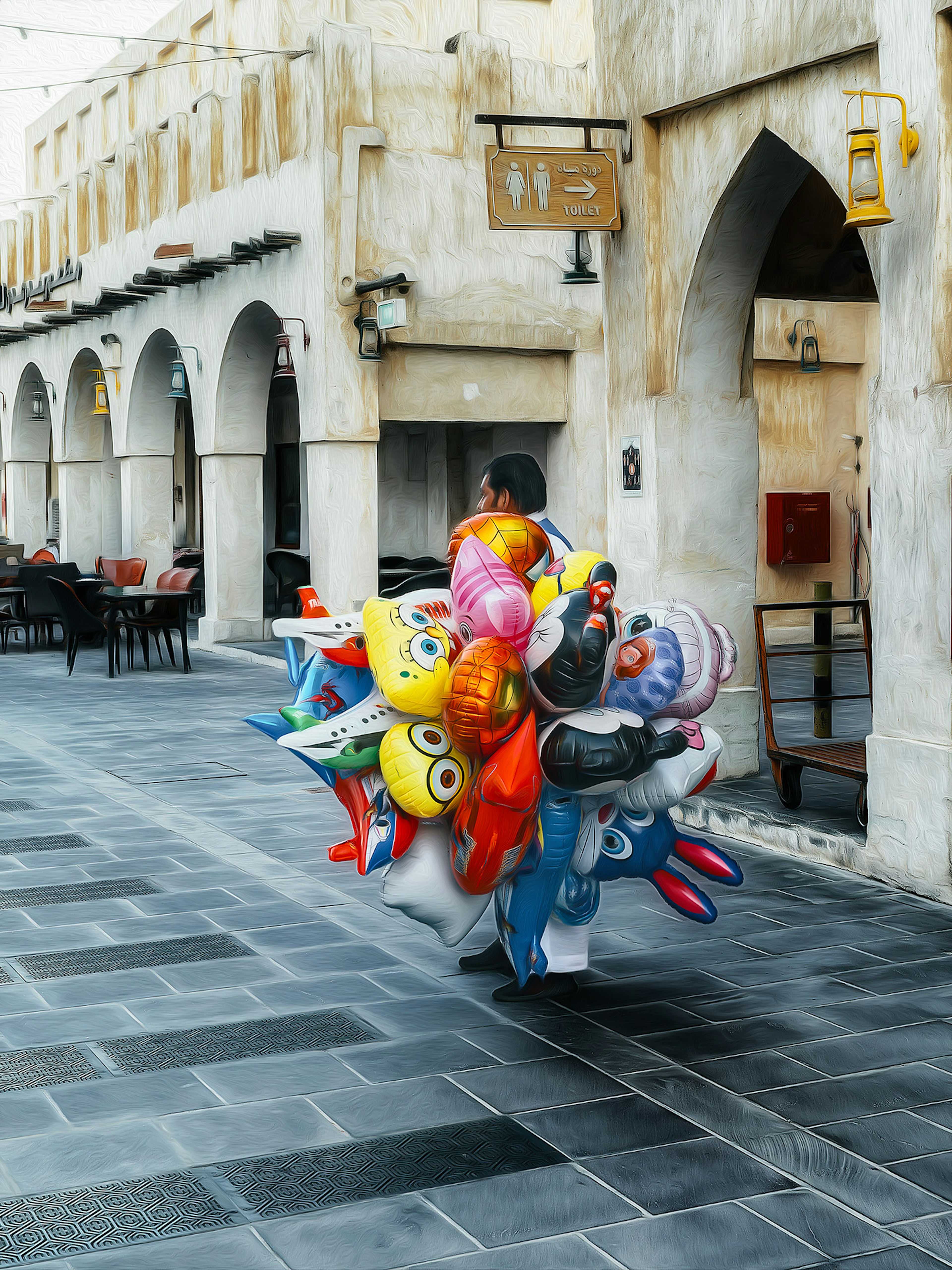 A person carrying colorful balloons walking through an old street