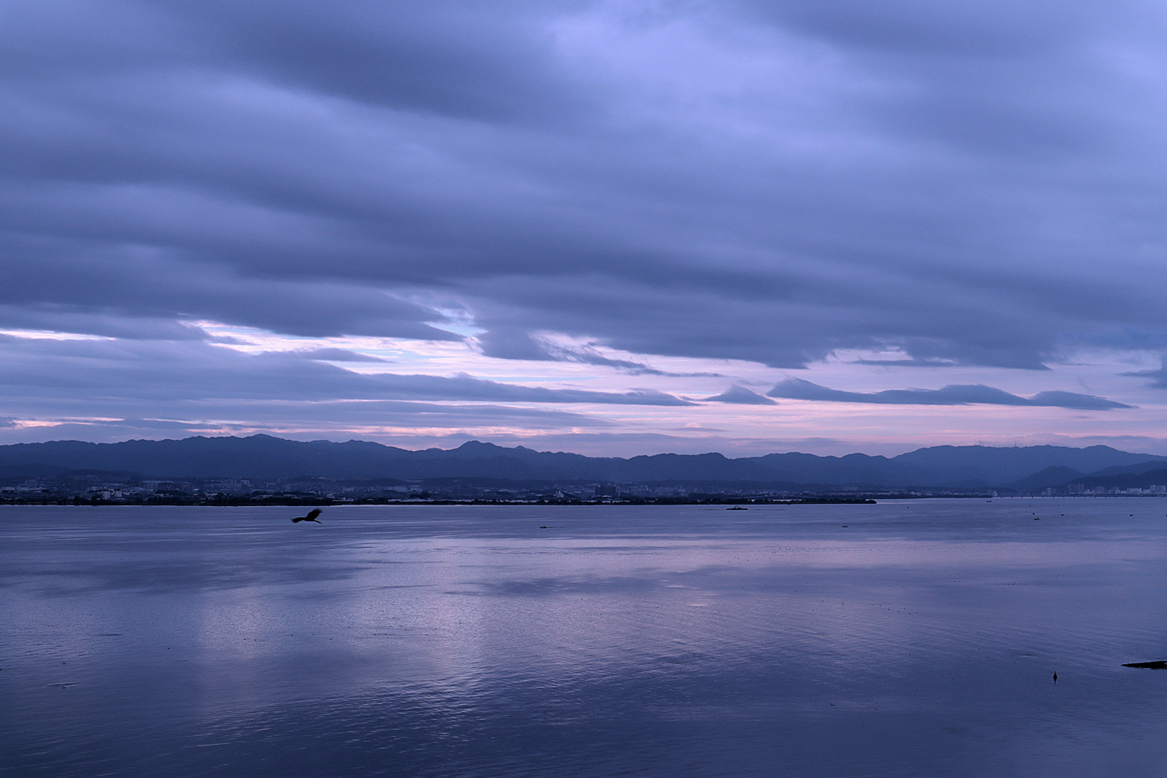 Serene landscape reflecting a pale blue-purple sky on calm waters