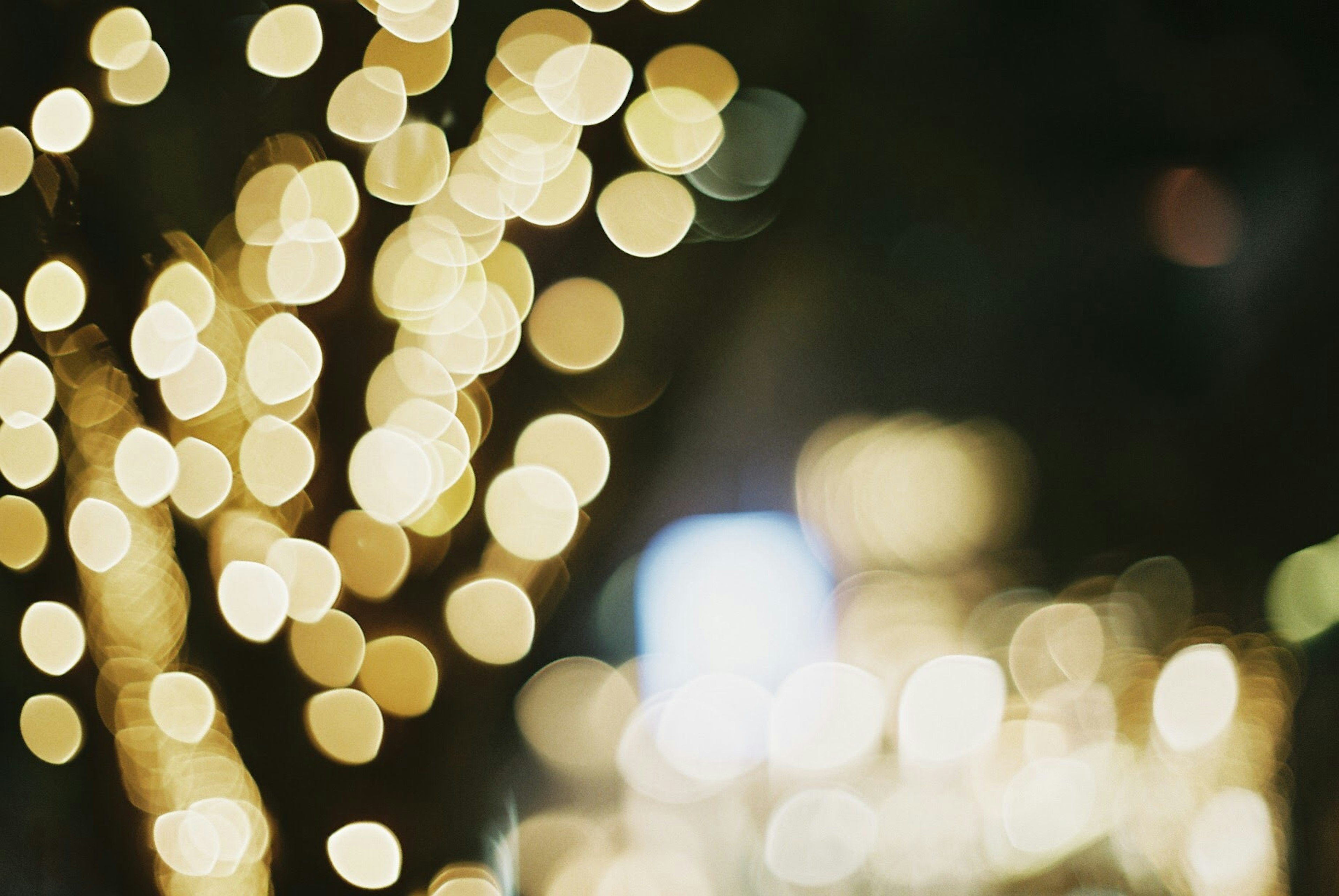 Blurred background featuring glowing bokeh lights from festive decorations