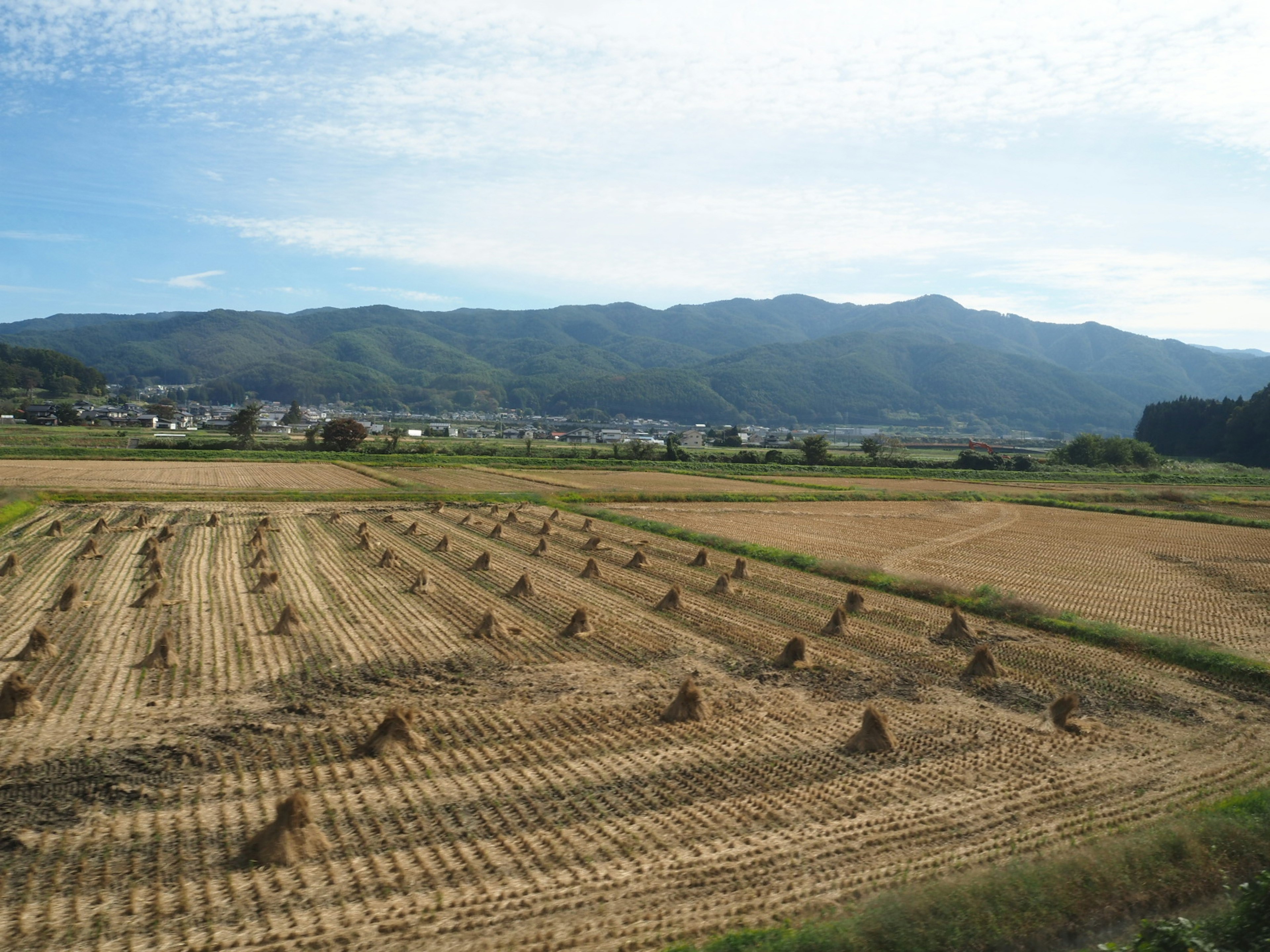 青い空と山々を背景にした広がる稲作田と干し草の束