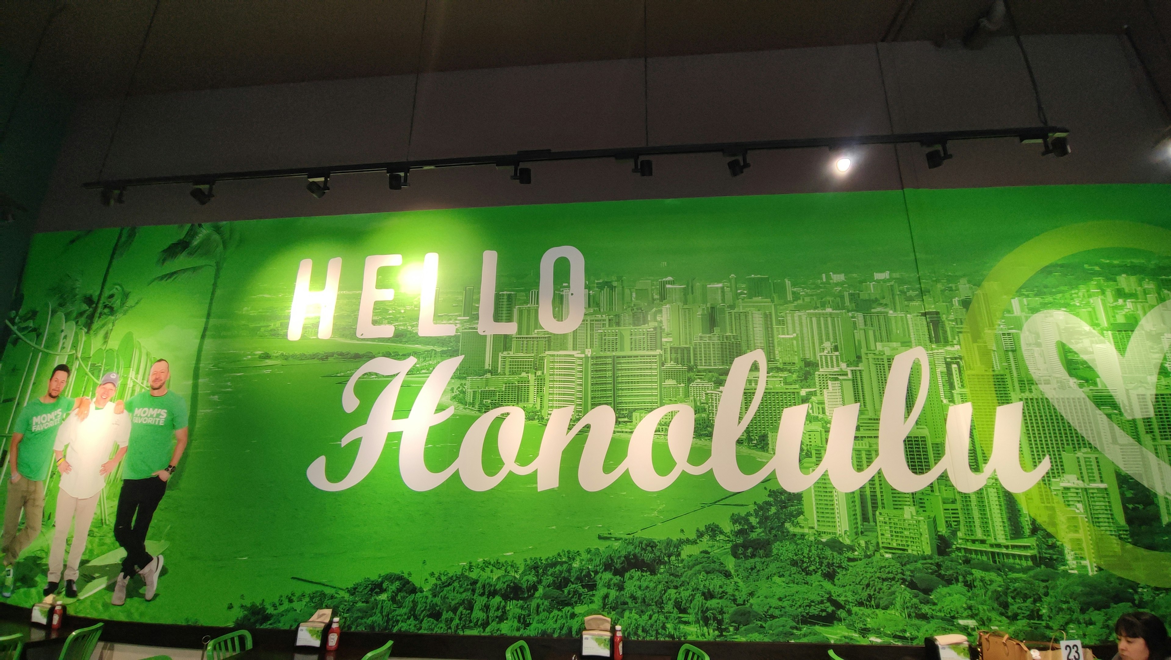 緑色の背景に描かれた「HELLO Honolulu」のメッセージと人々