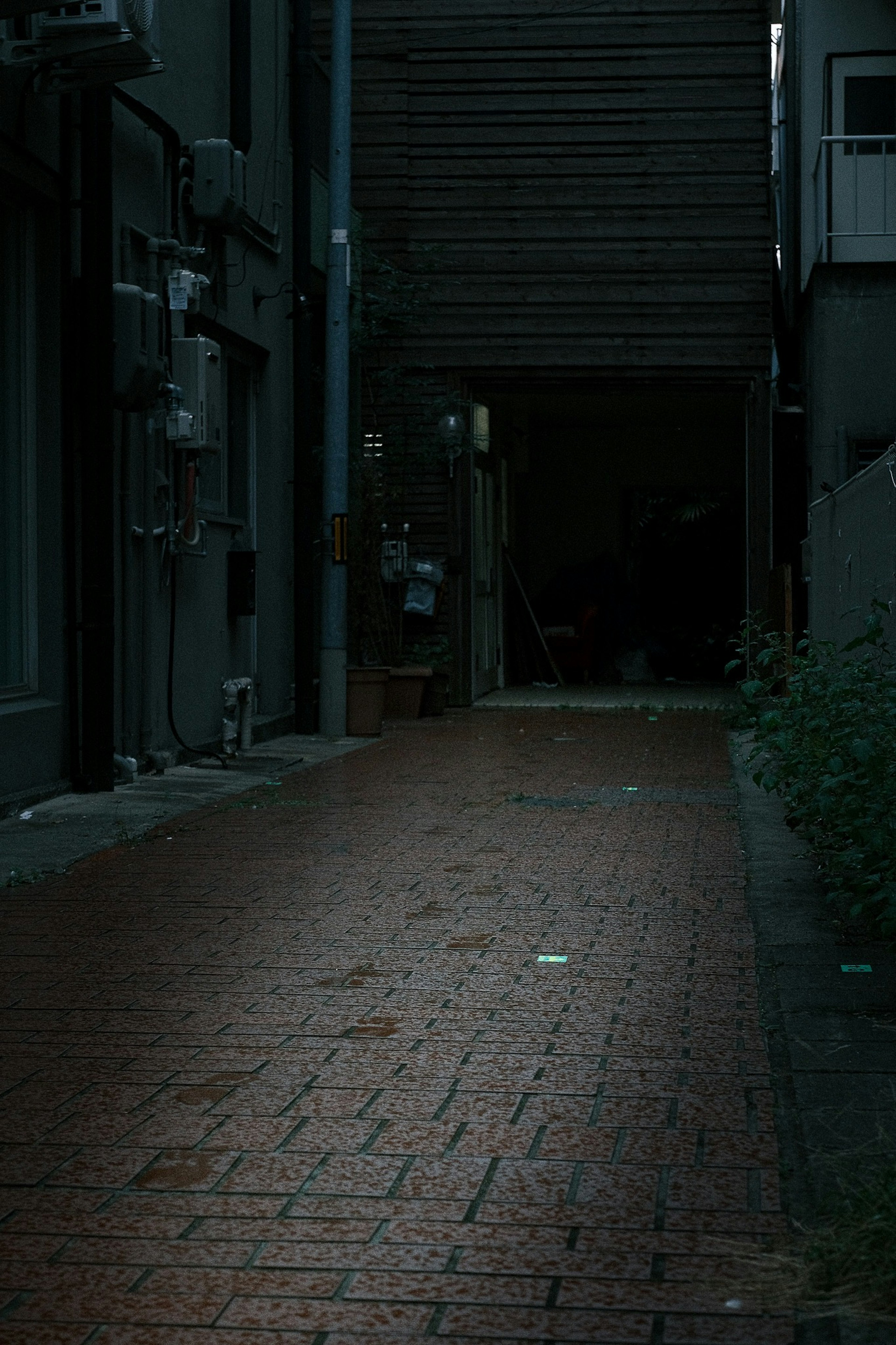 Dark alley with a brick pathway leading into the distance