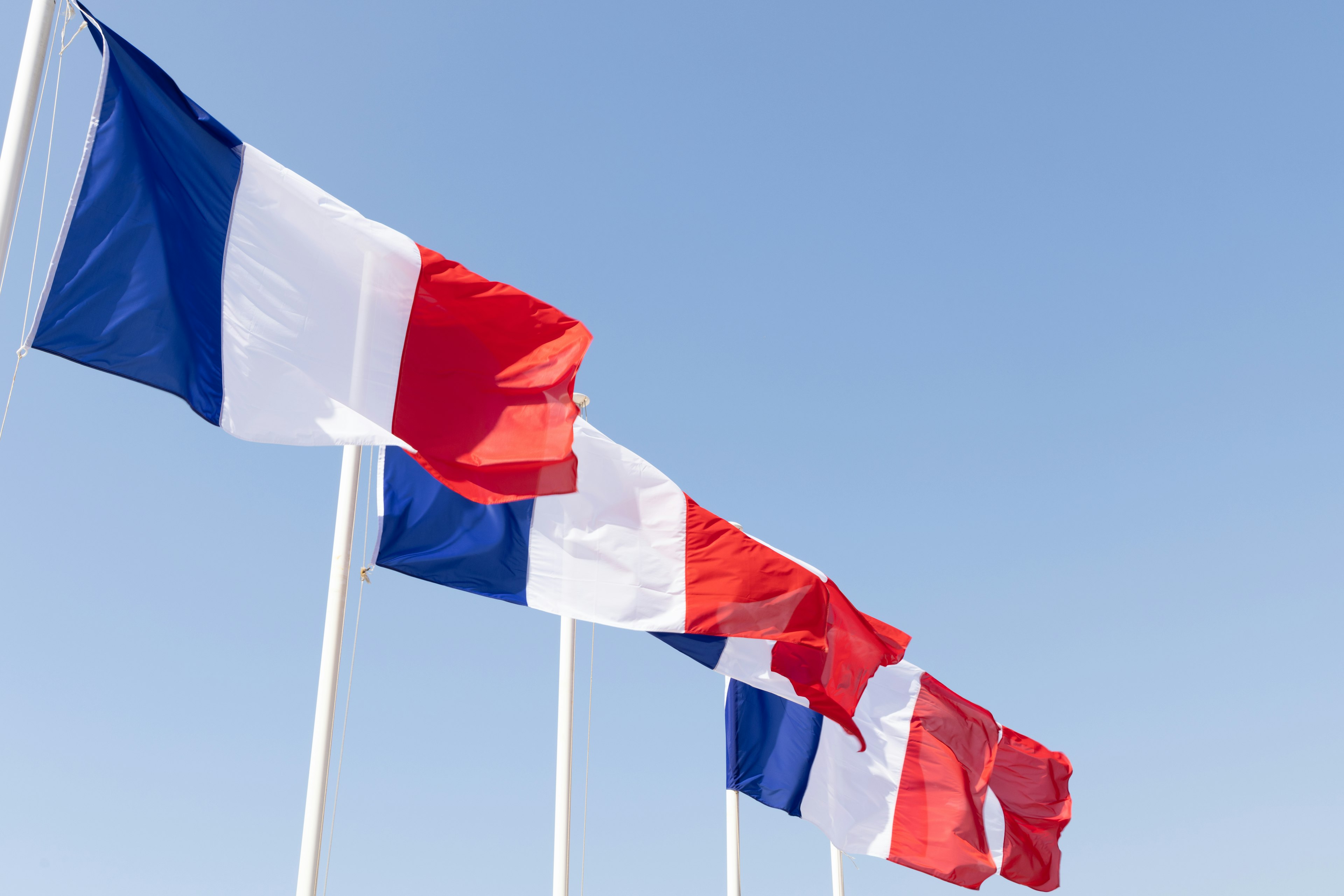 Drapeaux français flottant sous un ciel bleu clair