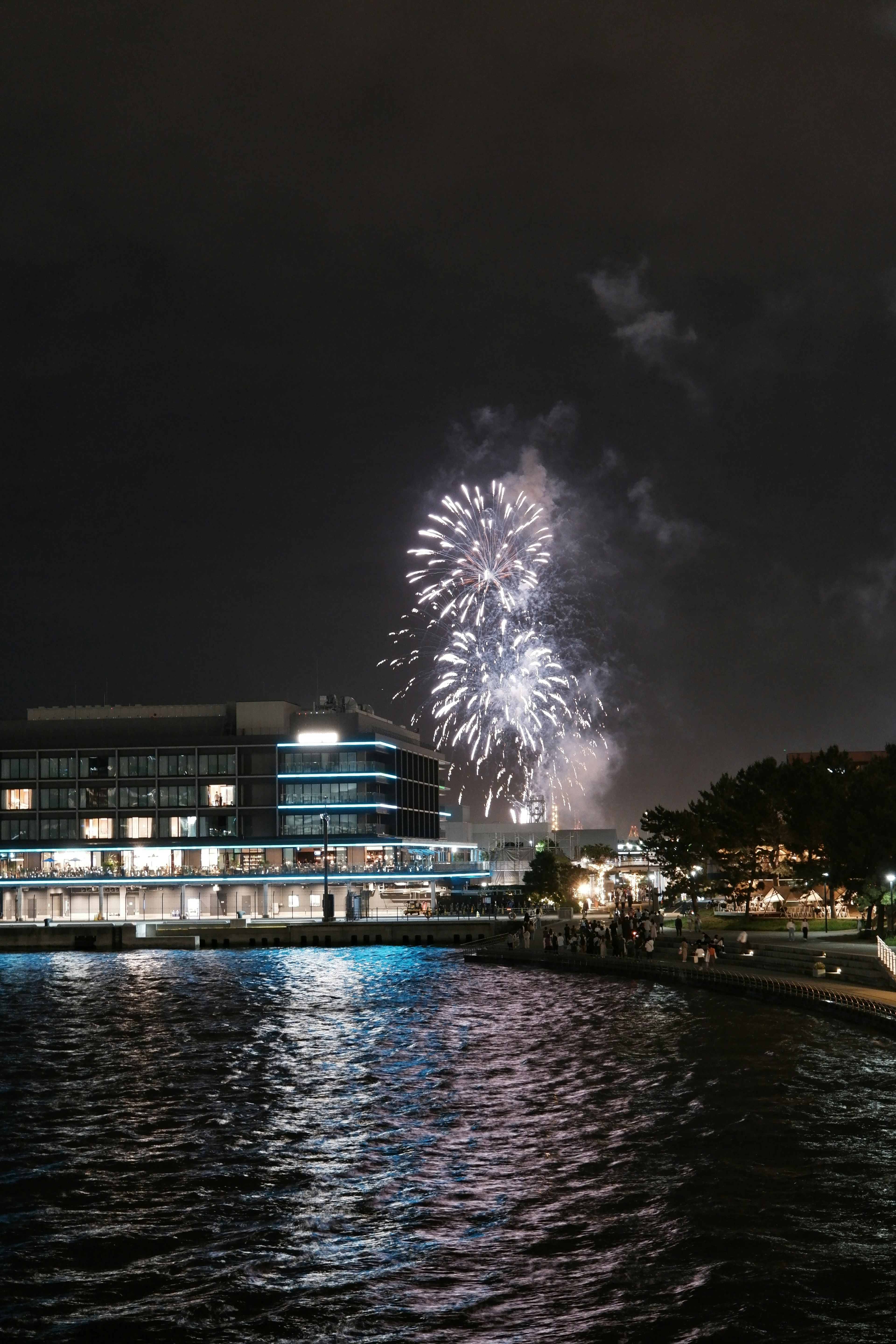 Fuegos artificiales iluminando el cielo nocturno sobre una superficie de agua reflectante