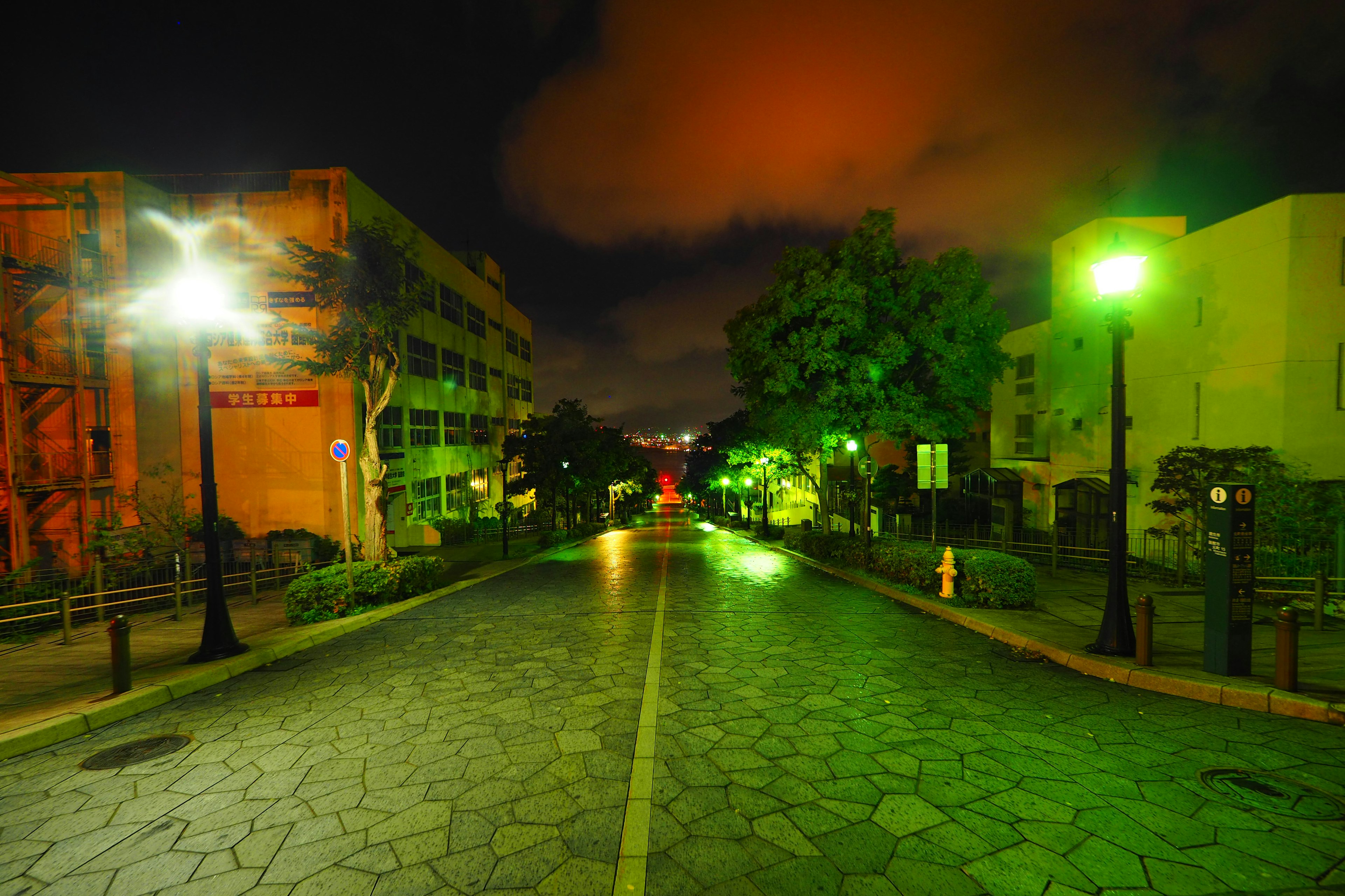 Jalan sepi yang diterangi lampu jalan di malam hari dengan pencahayaan hijau