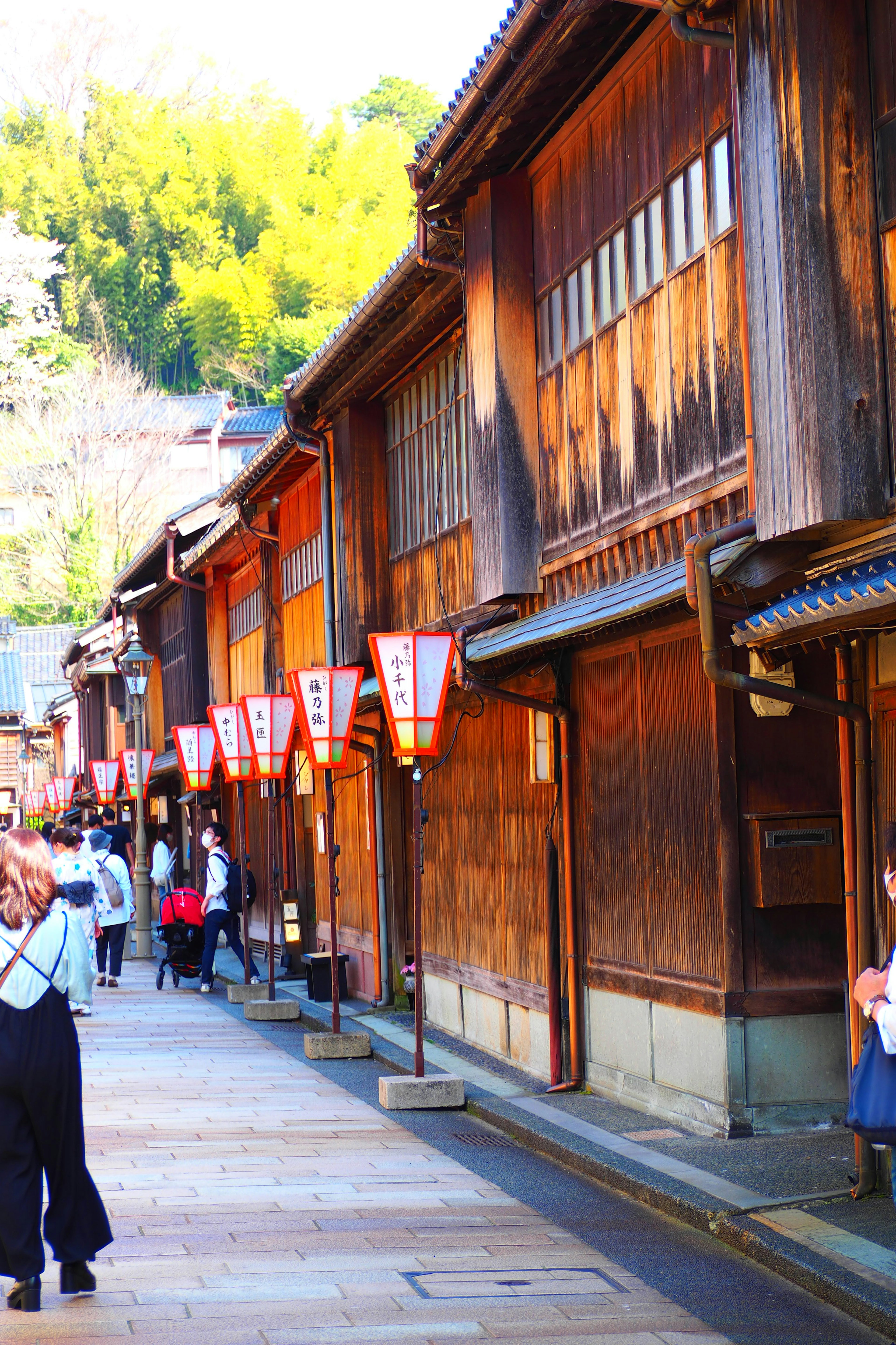 Historic wooden buildings lining a street with tourists walking