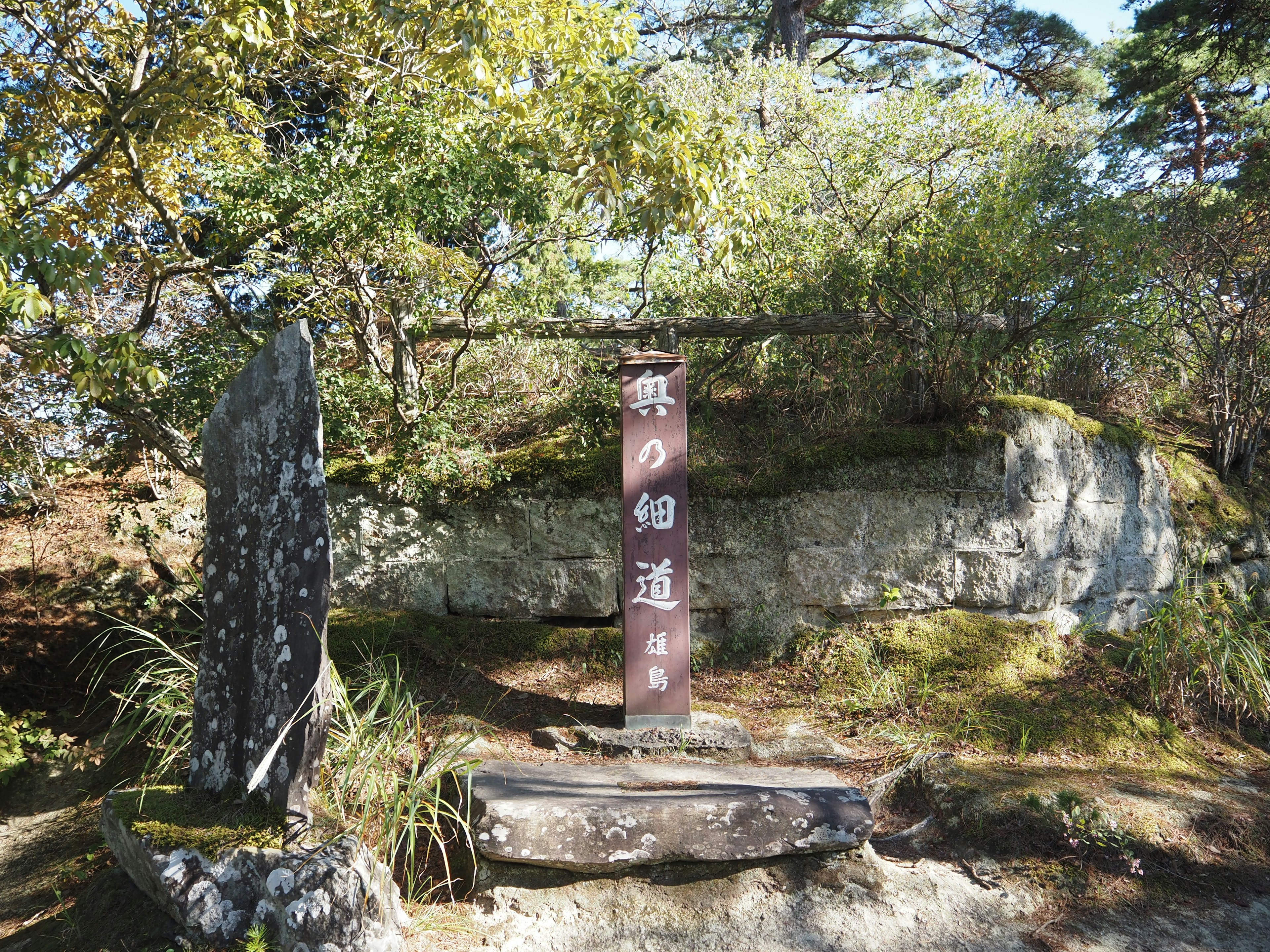 自然に囲まれた道標の石と木の看板