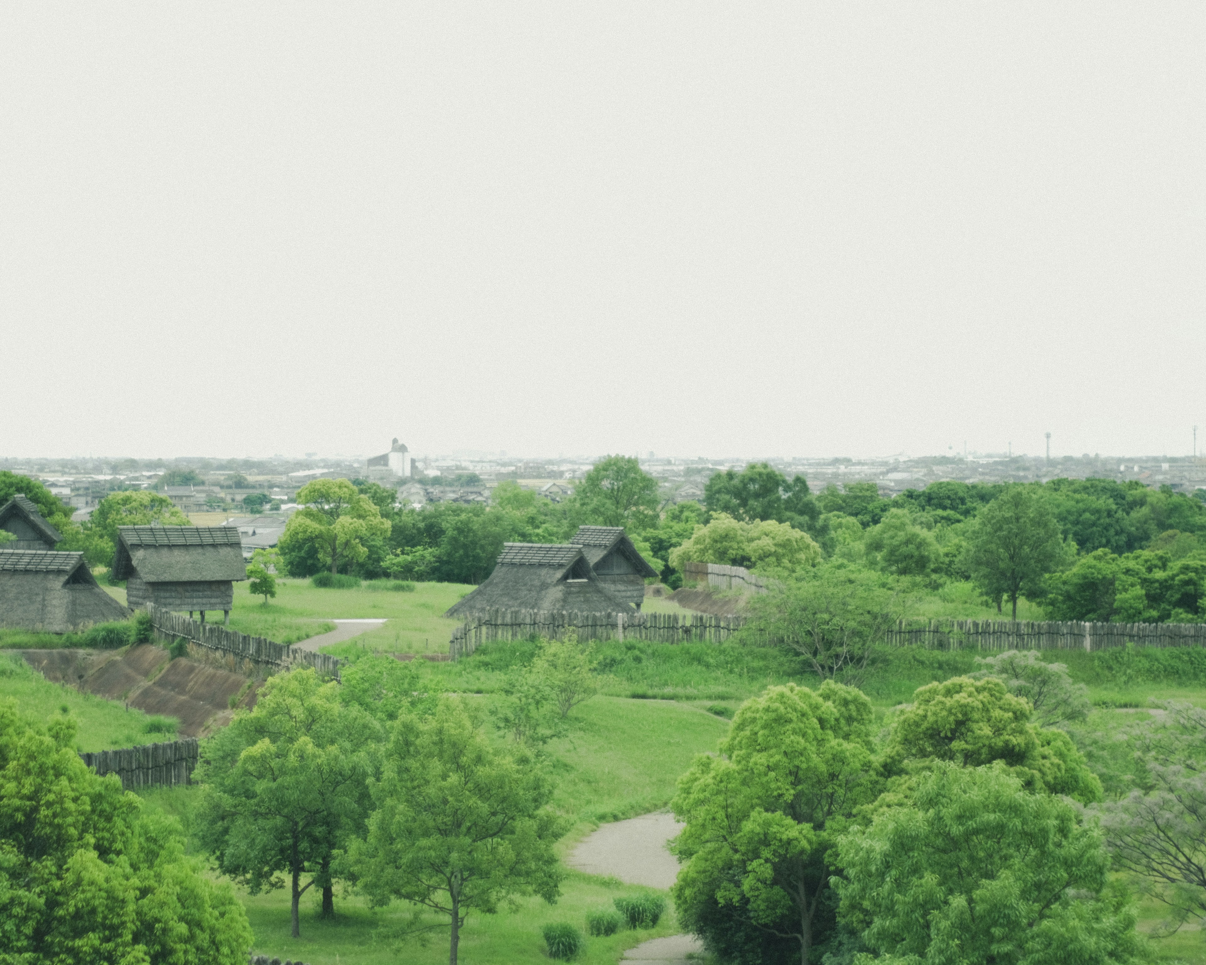 Lush green landscape with traditional houses scattered throughout