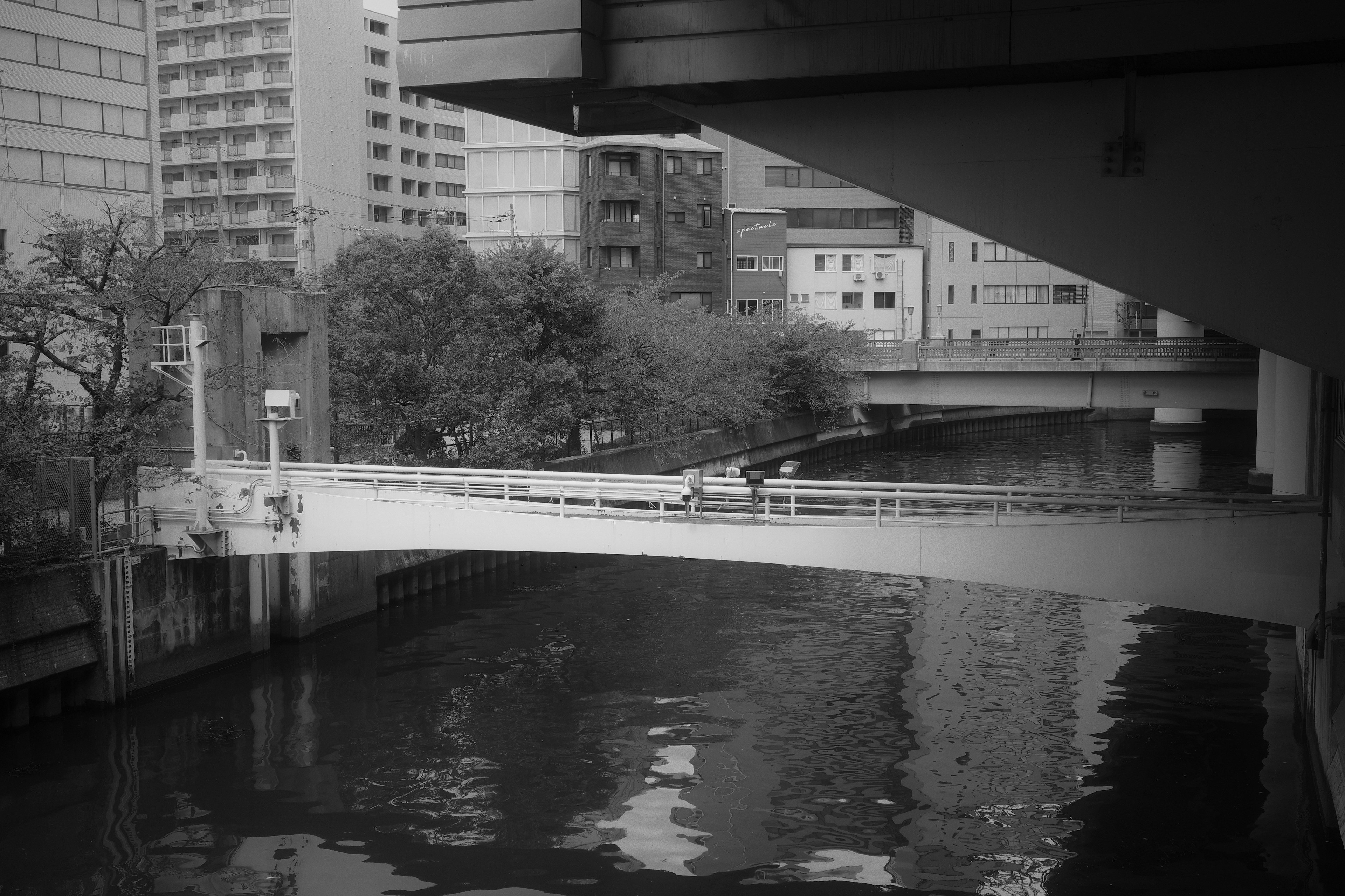 Black and white urban scene featuring a bridge over calm water