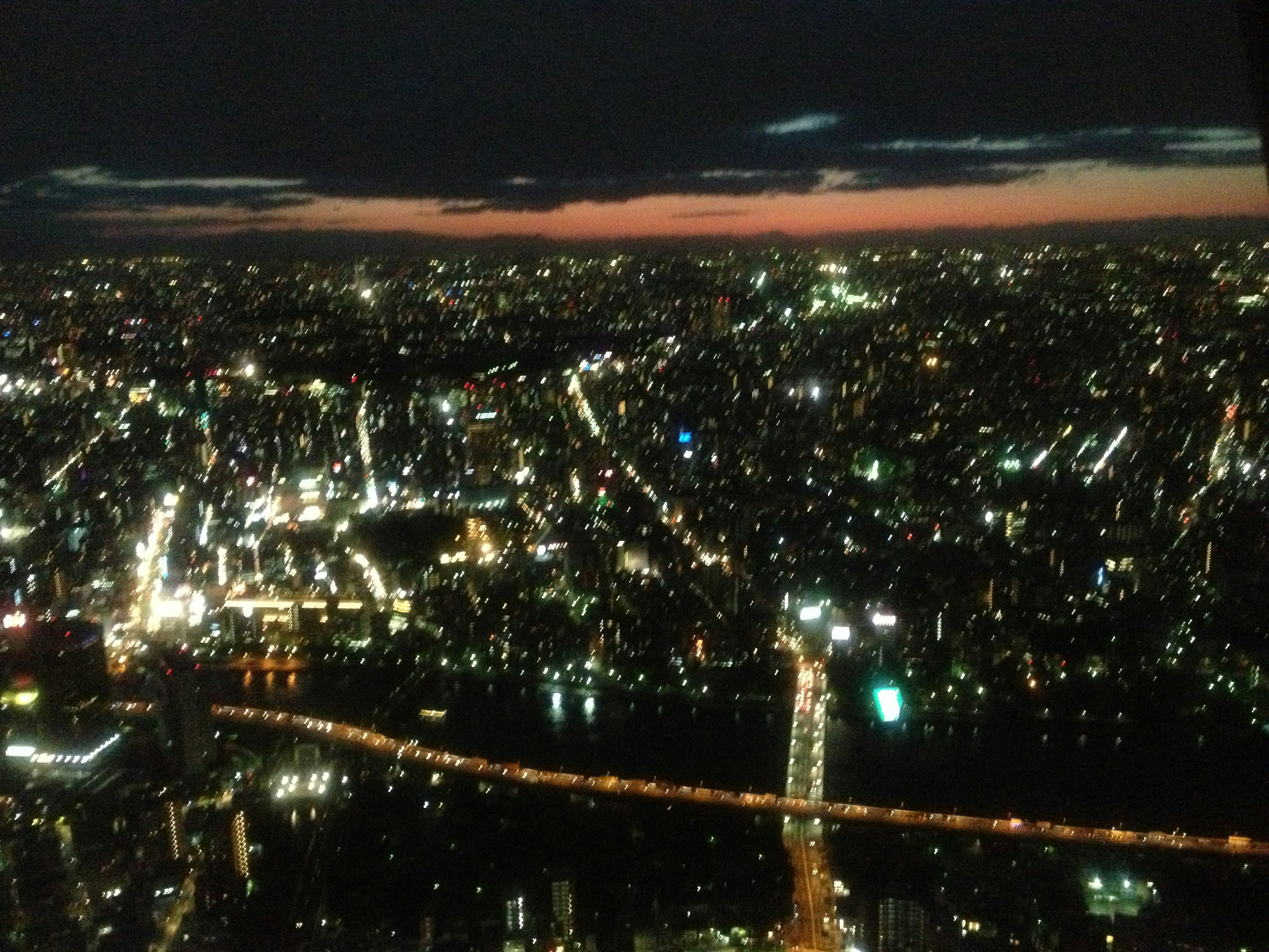 Stupenda vista notturna di Tokyo con luci della città e tramonto