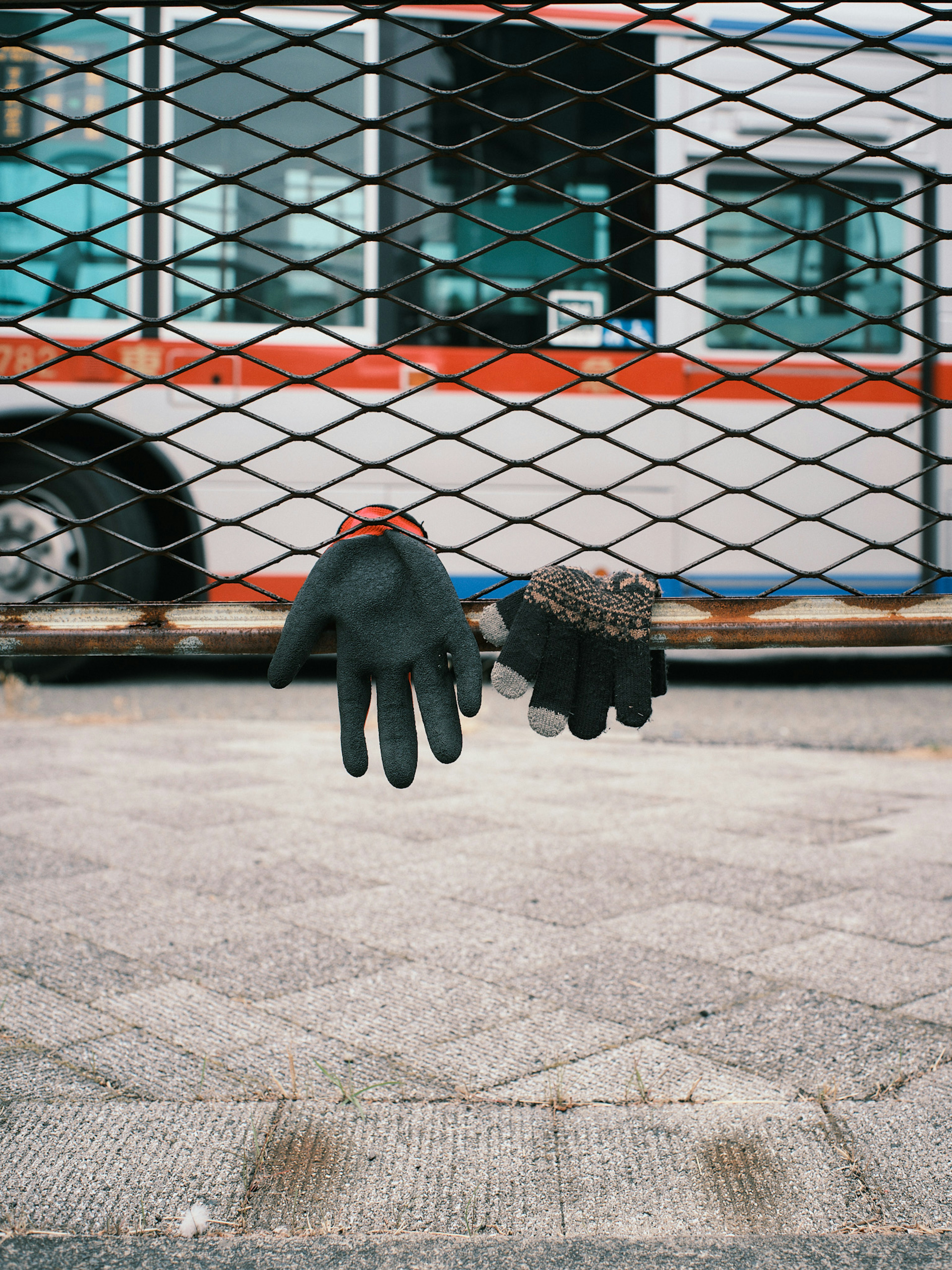 Zwei Handschuhe hängen an einem Maschendrahtzaun mit einem Bus im Hintergrund