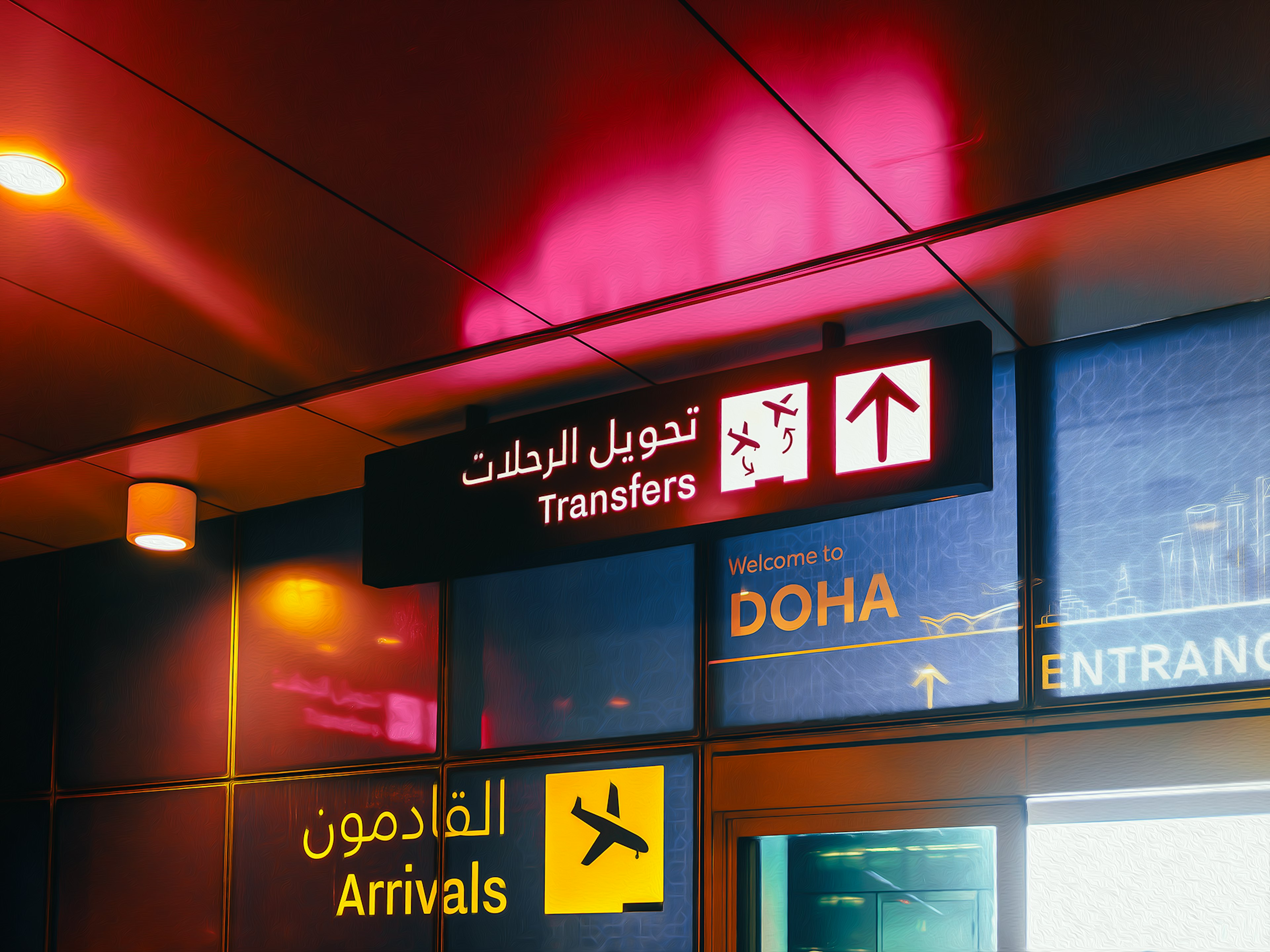 Beschilderung für Transfers und Ankünfte am Flughafen Doha