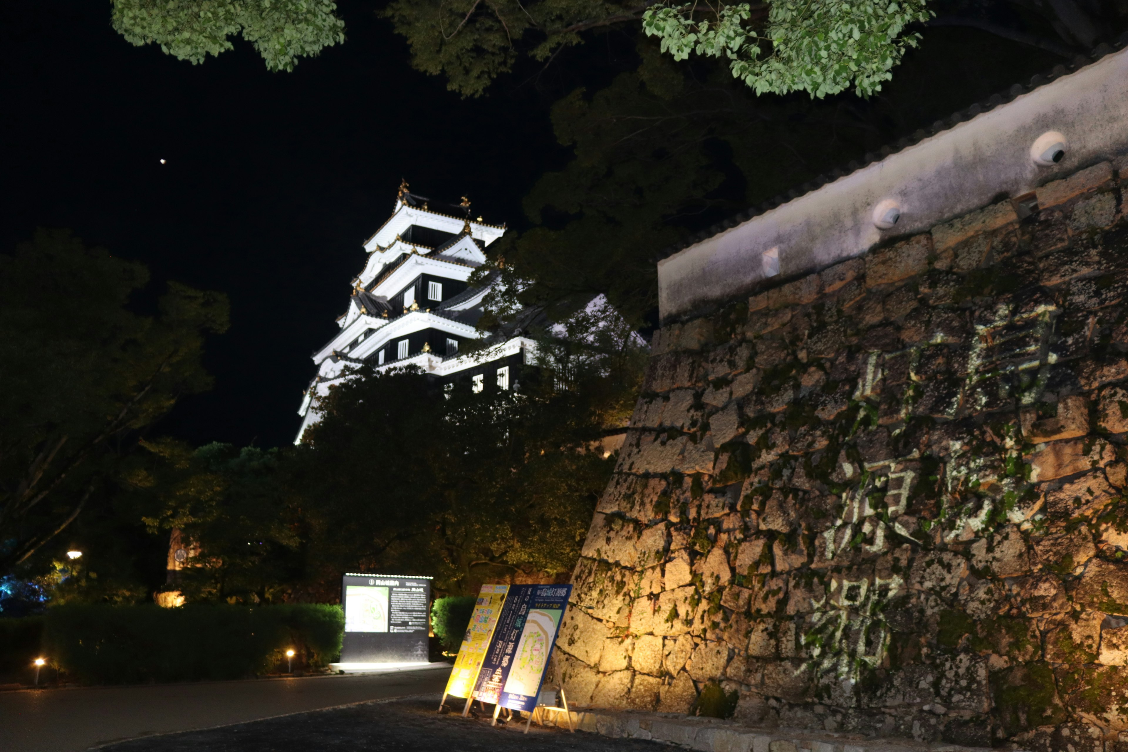 Vista nocturna de un castillo y una pared de piedra con elementos iluminados