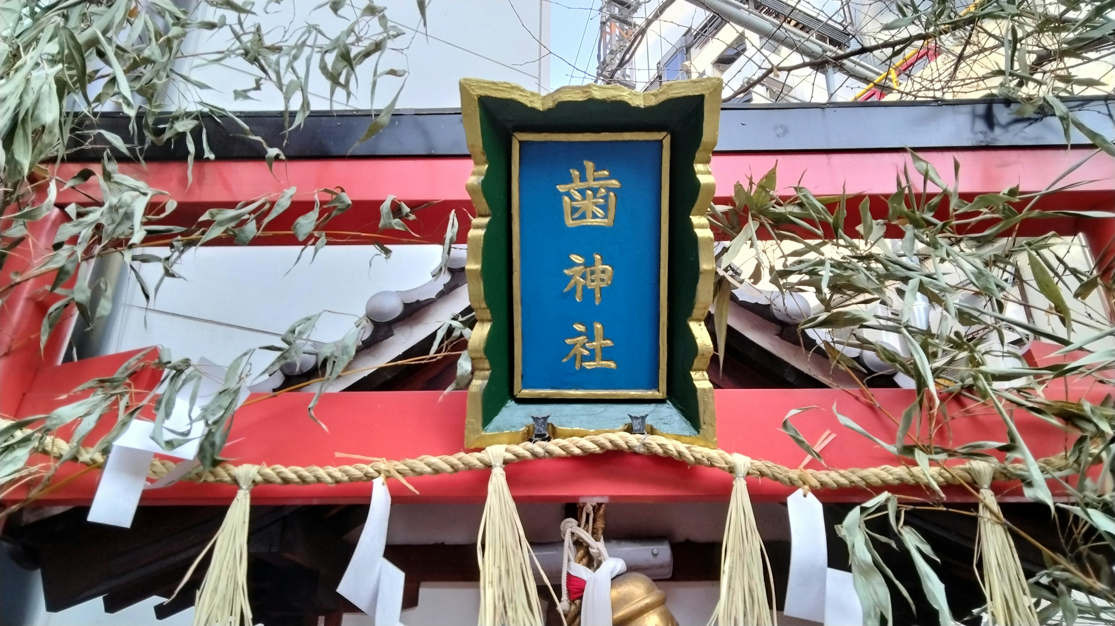 神社前的藍色招牌，上面有金色字母，周圍是竹葉