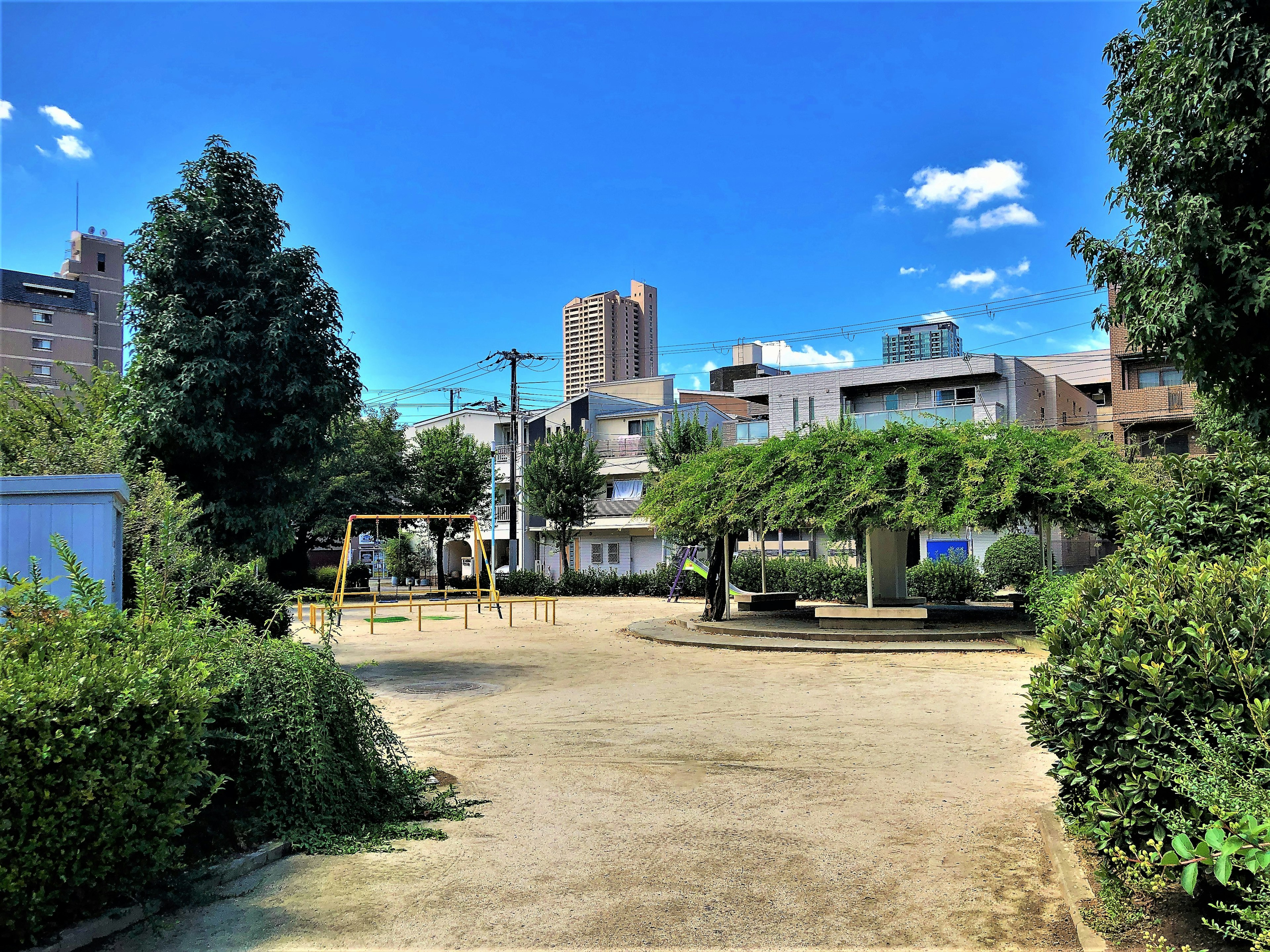 青空の下に広がる公園の風景遊具と緑の木々が見える