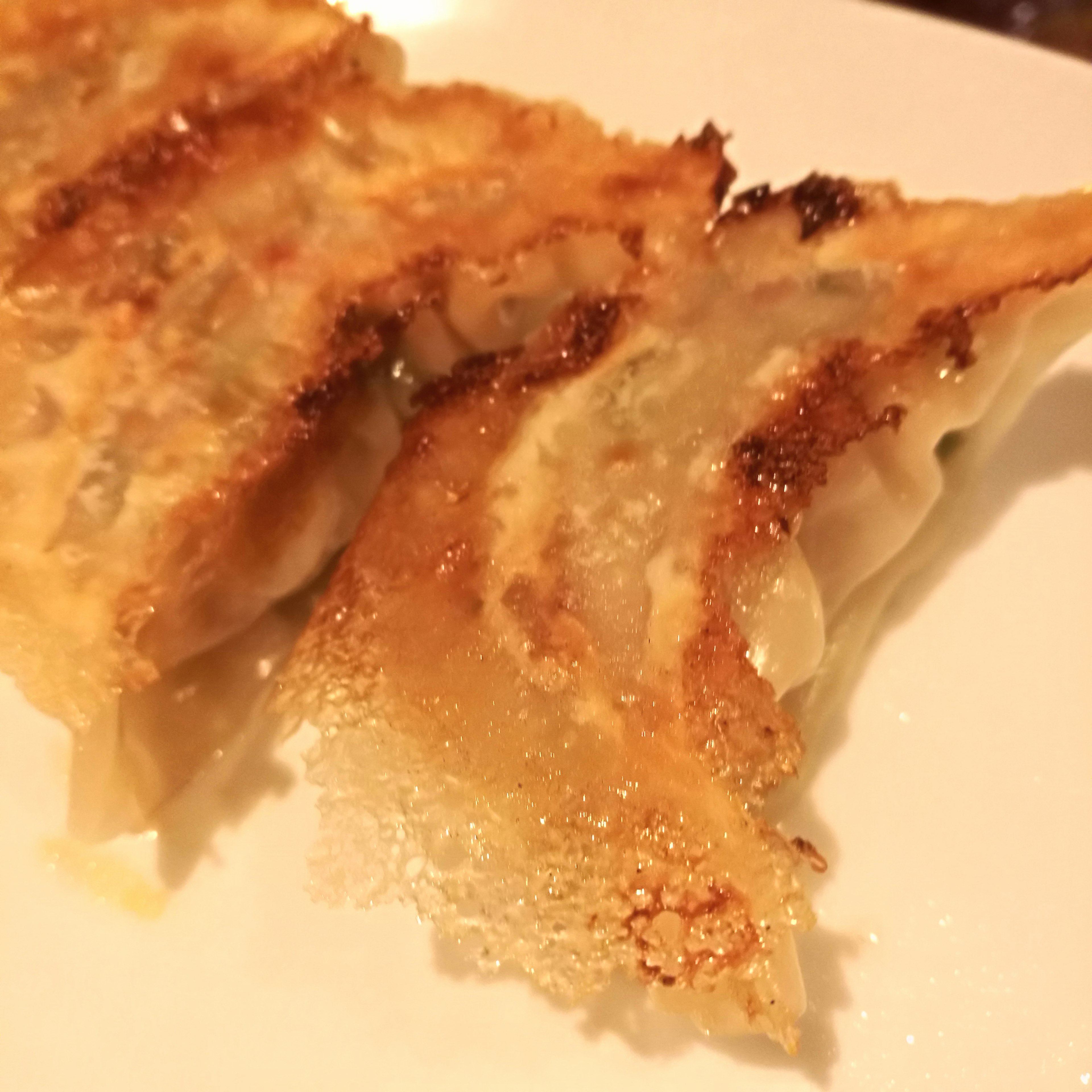 Foto close-up gyoza goreng dengan kulit renyah berwarna emas