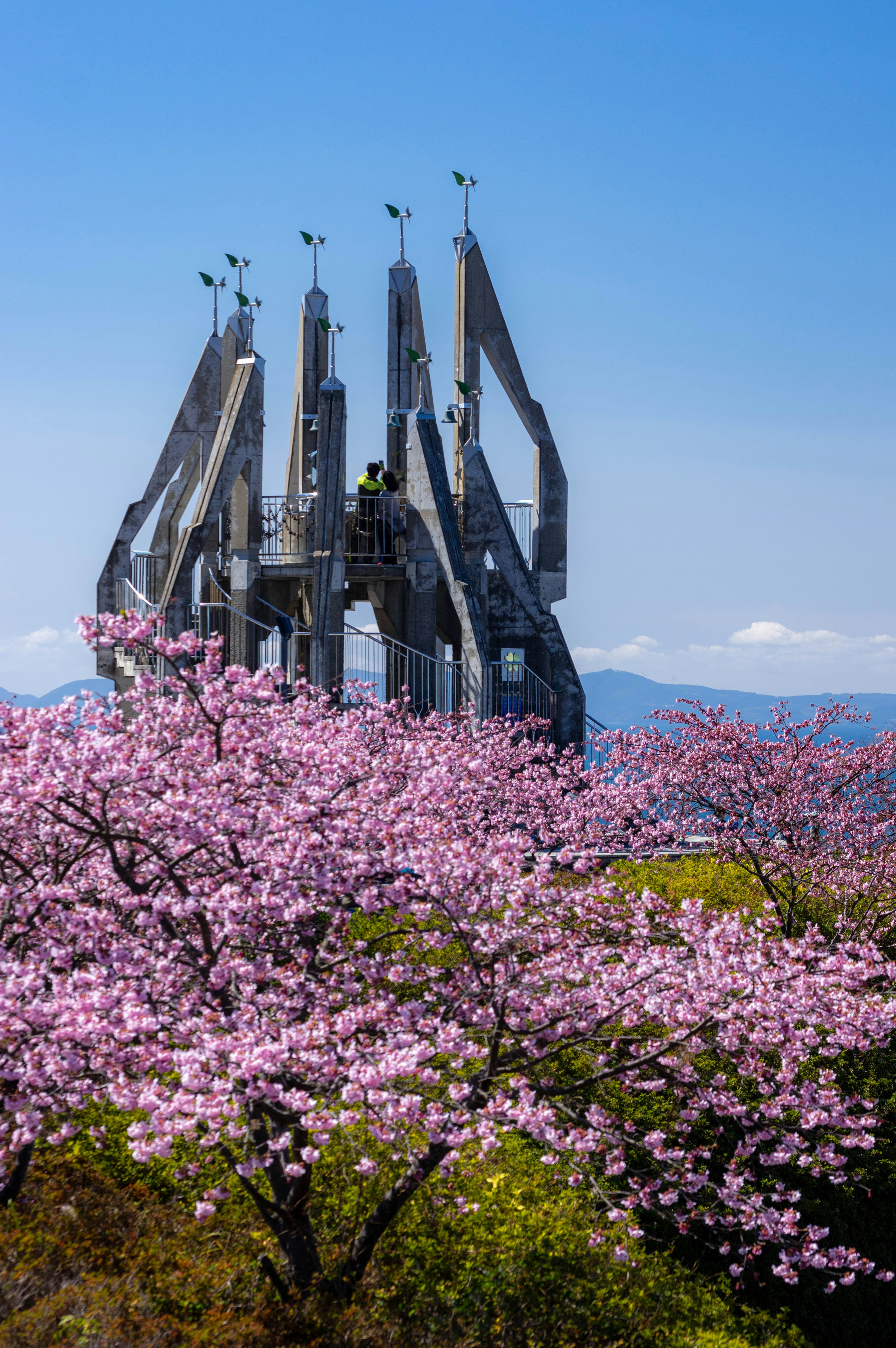 Estructura alta contra un fondo de cerezos en flor y cielo azul