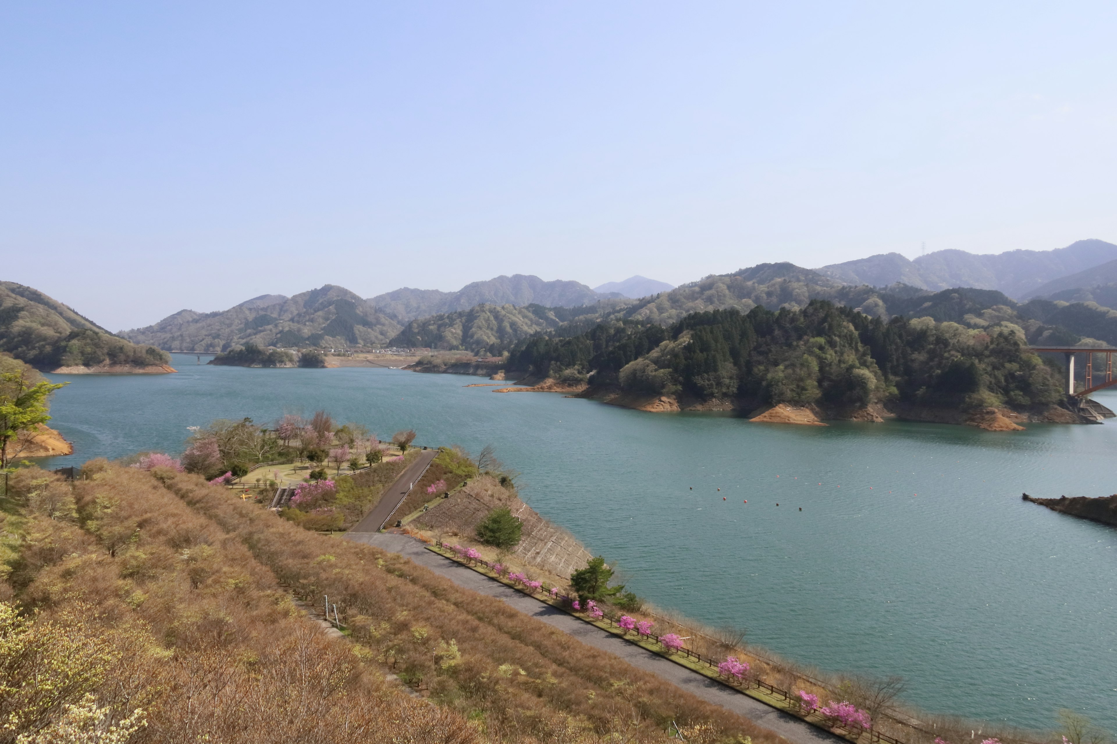 Serene lake with lush green mountains in the background