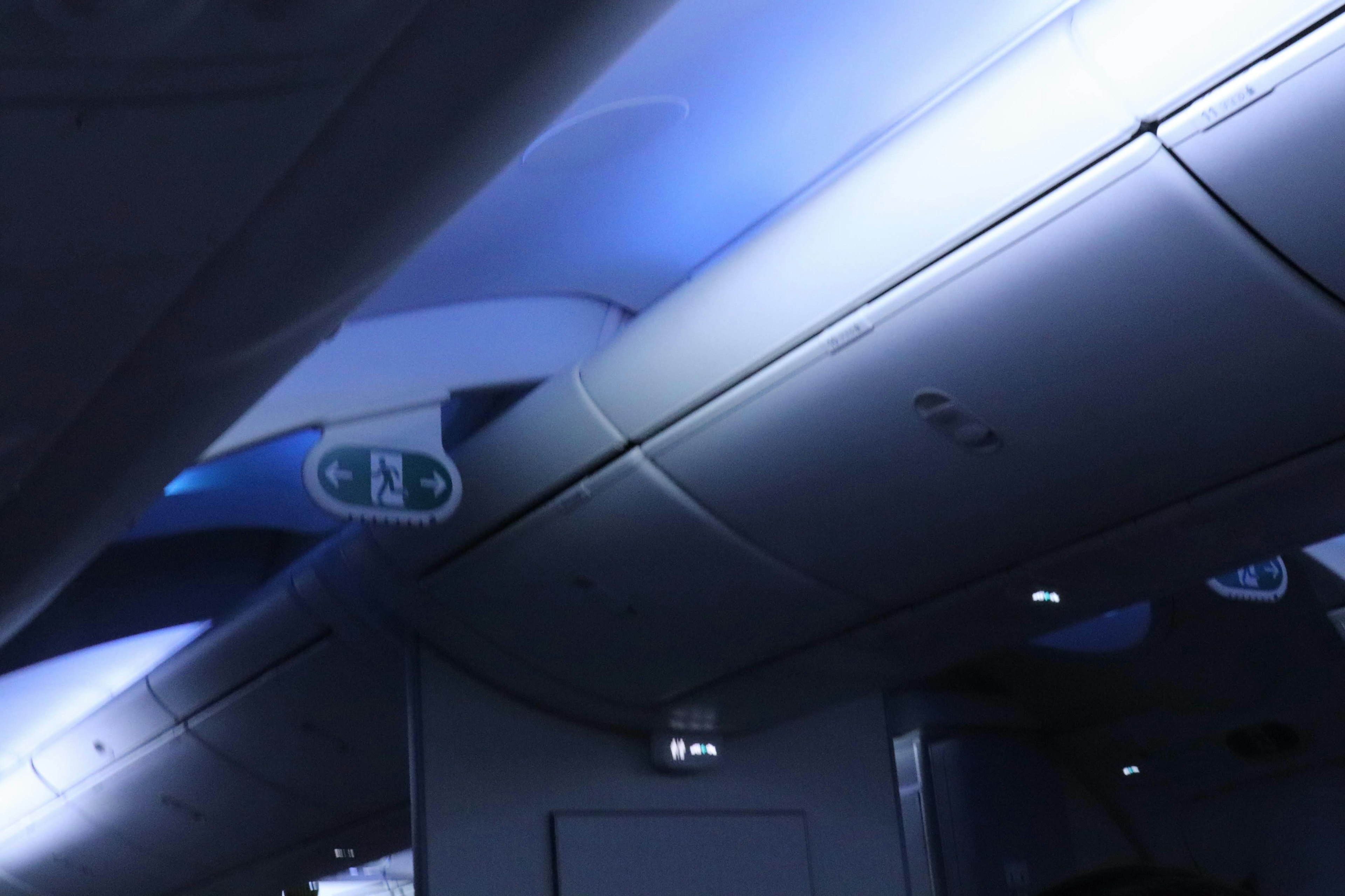 Soffitto di una cabina aerea con illuminazione blu e segnali sopraelevati