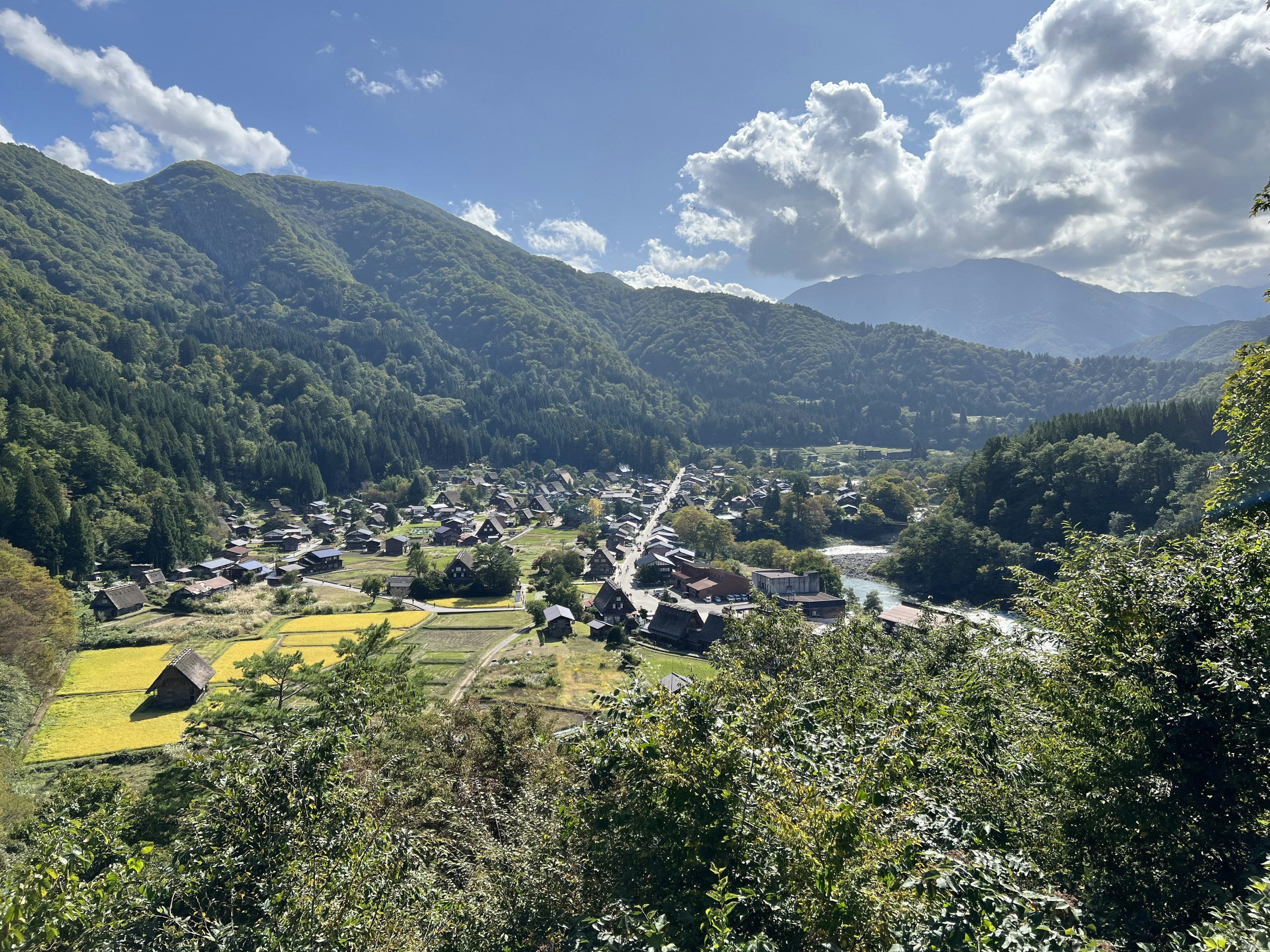 Vista panoramica di un piccolo villaggio circondato da montagne campi verdi e gialli visibili