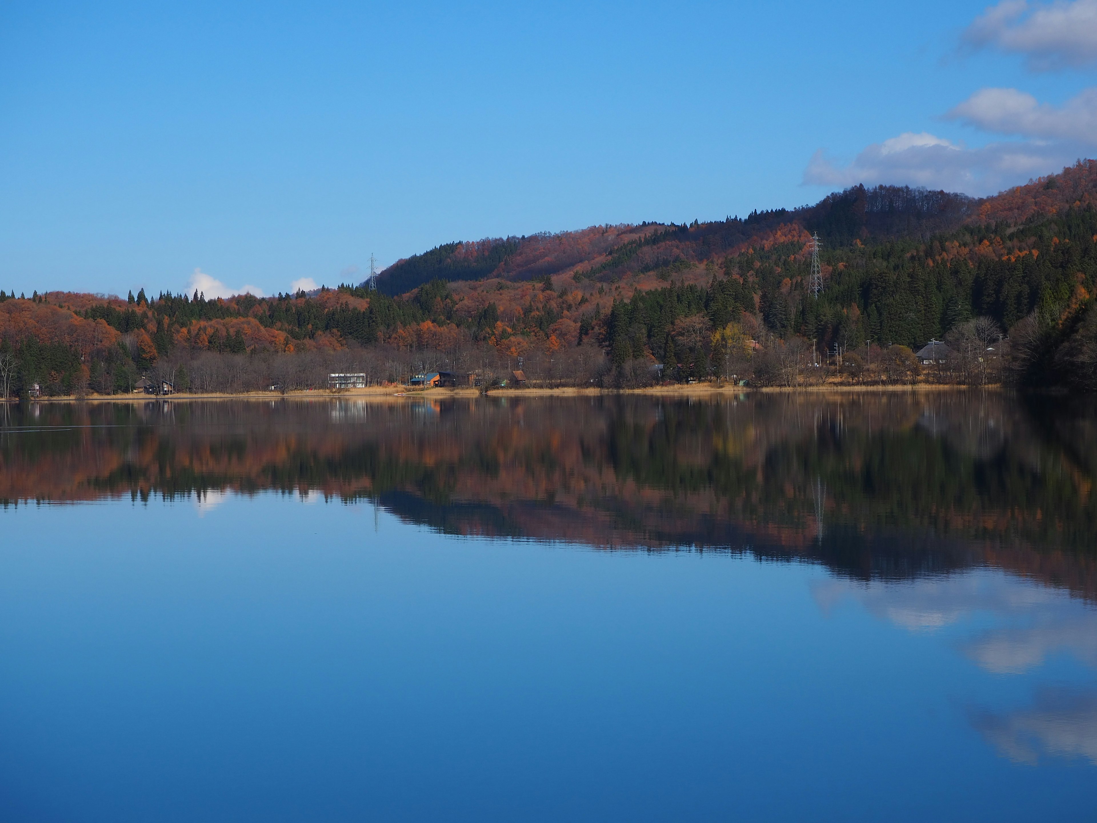 美しい湖とその反射が広がる秋の風景