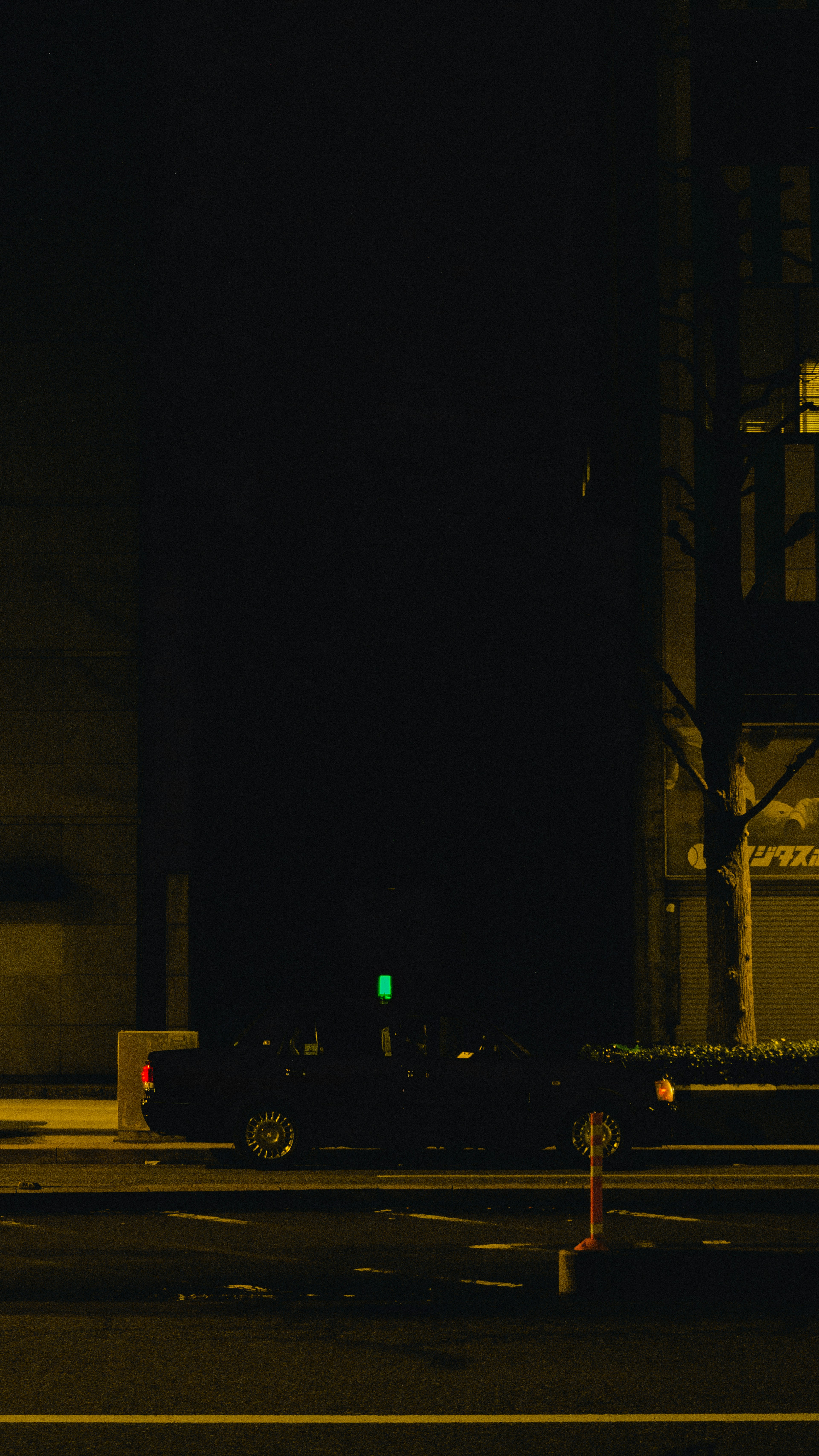 A parked car in a dark urban street with a green traffic light