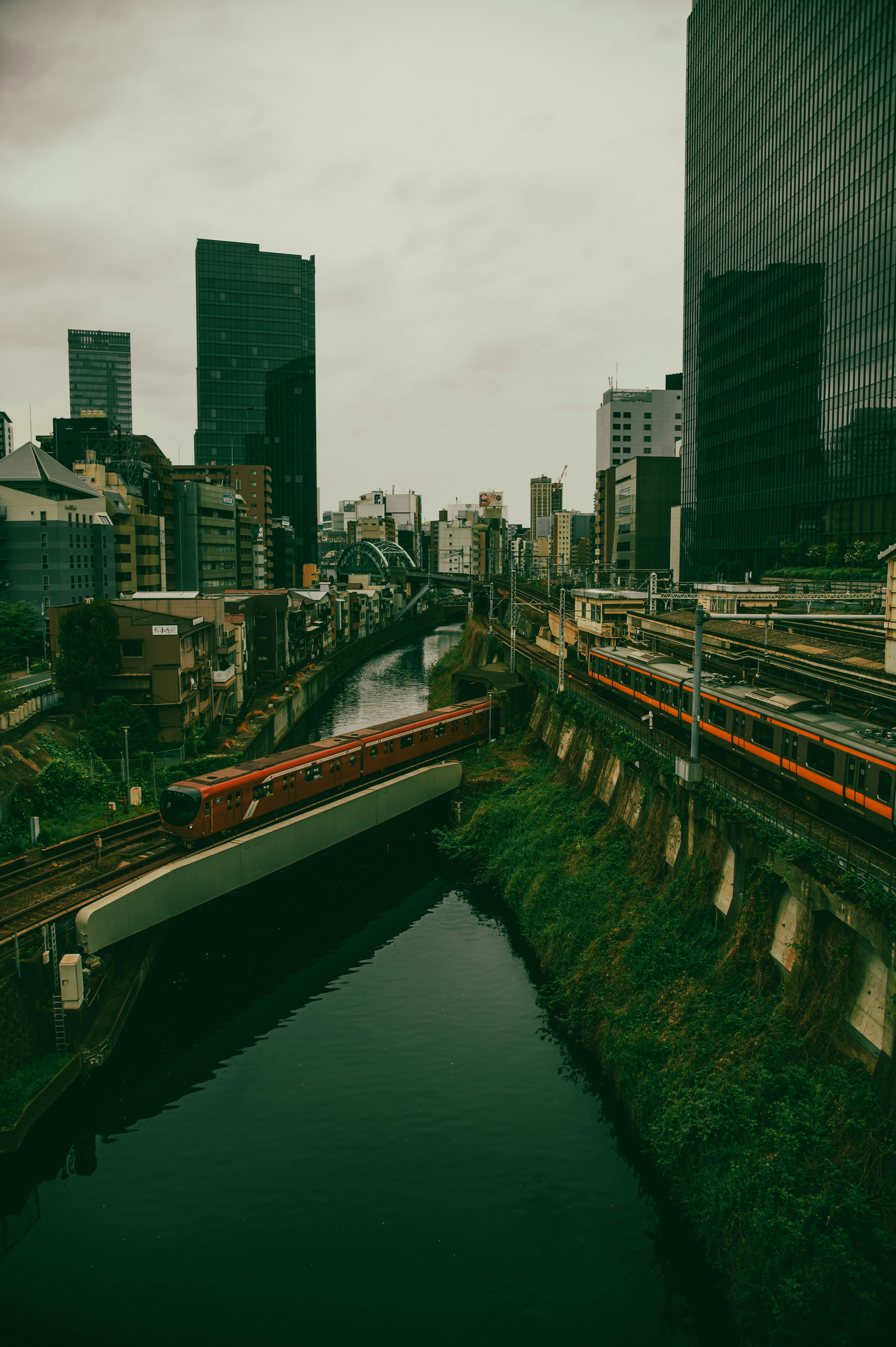 Urban river scene with railway tracks and skyscrapers under cloudy sky