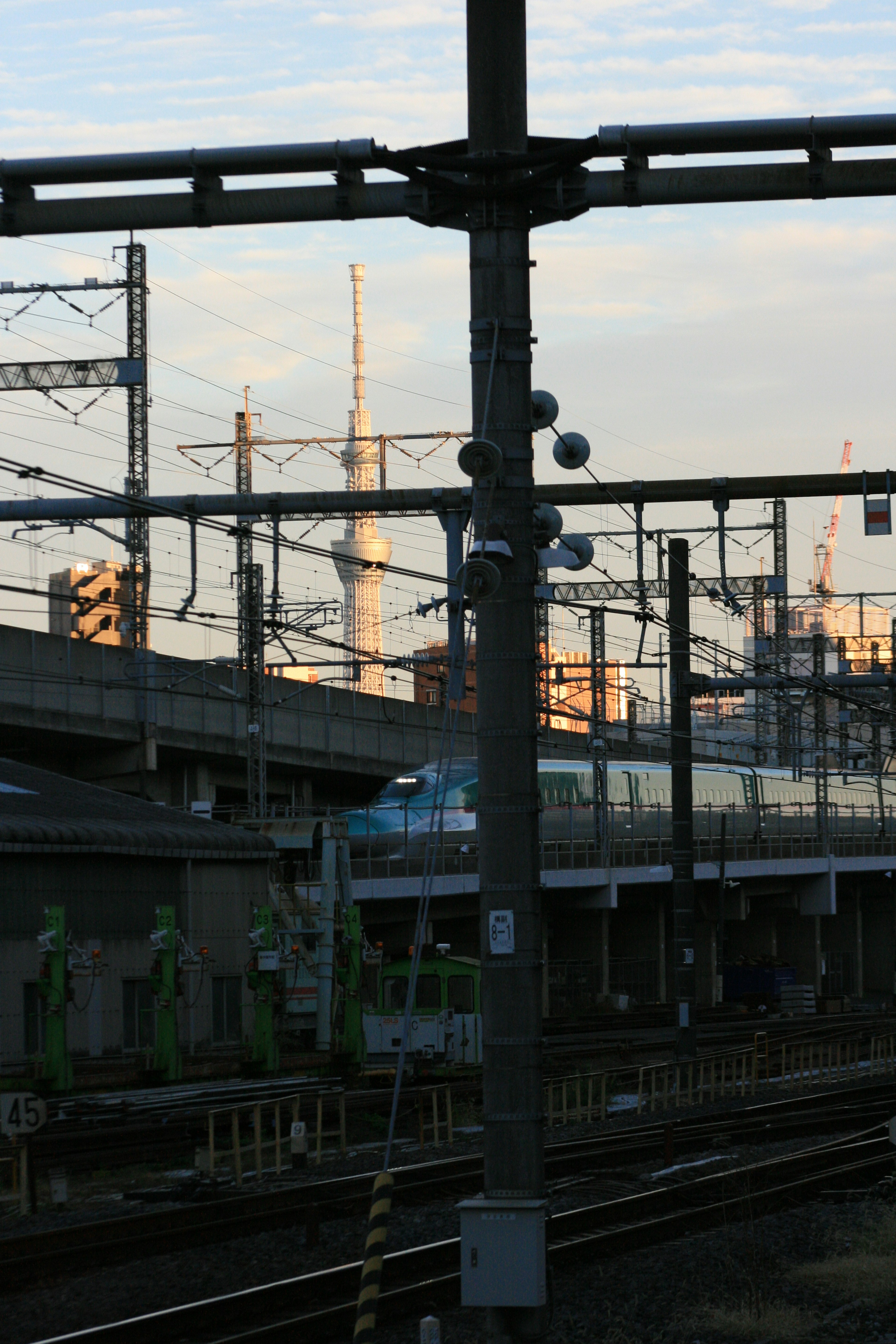 View of railway tracks and utility poles with Tokyo Skytree in the background