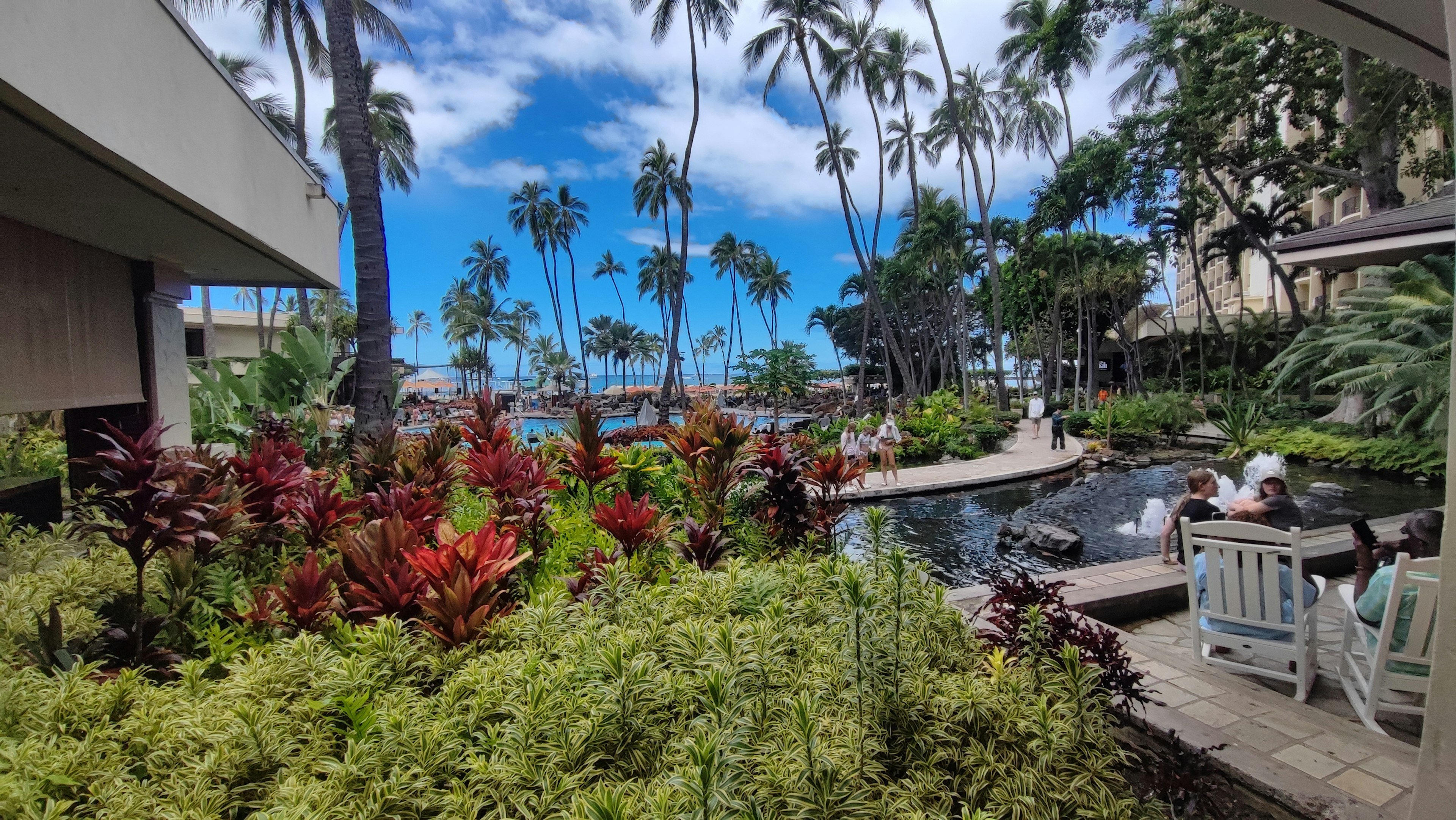 Jardin de complexe hôtelier luxuriant avec des plantes colorées et des palmiers sous un ciel bleu