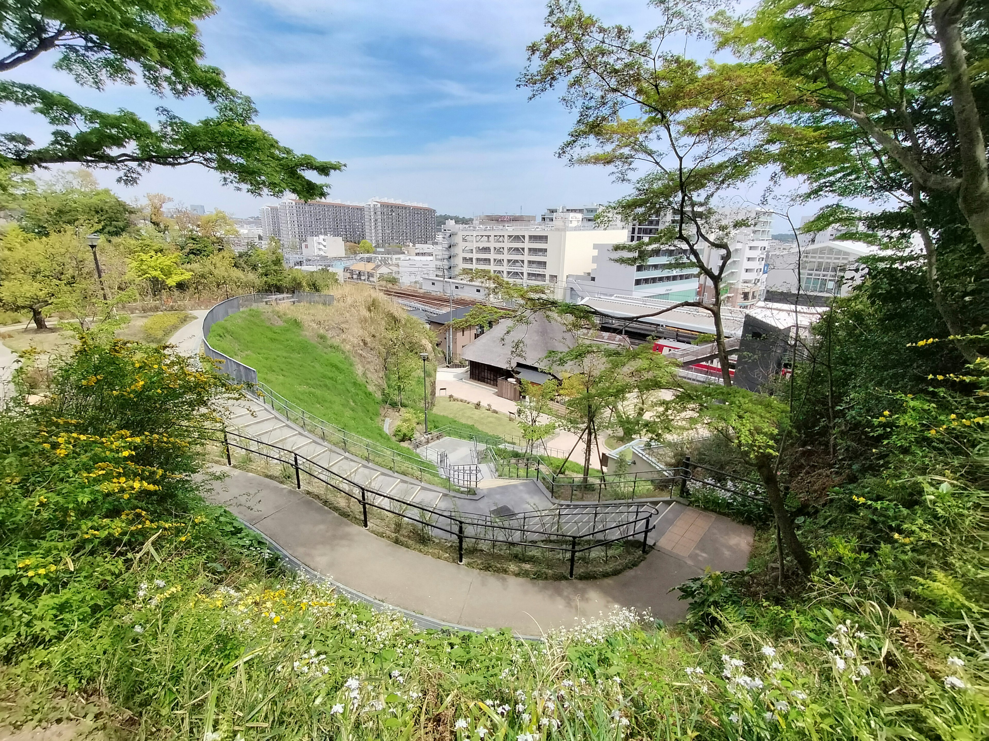 Scenic view of a lush park with a traditional house